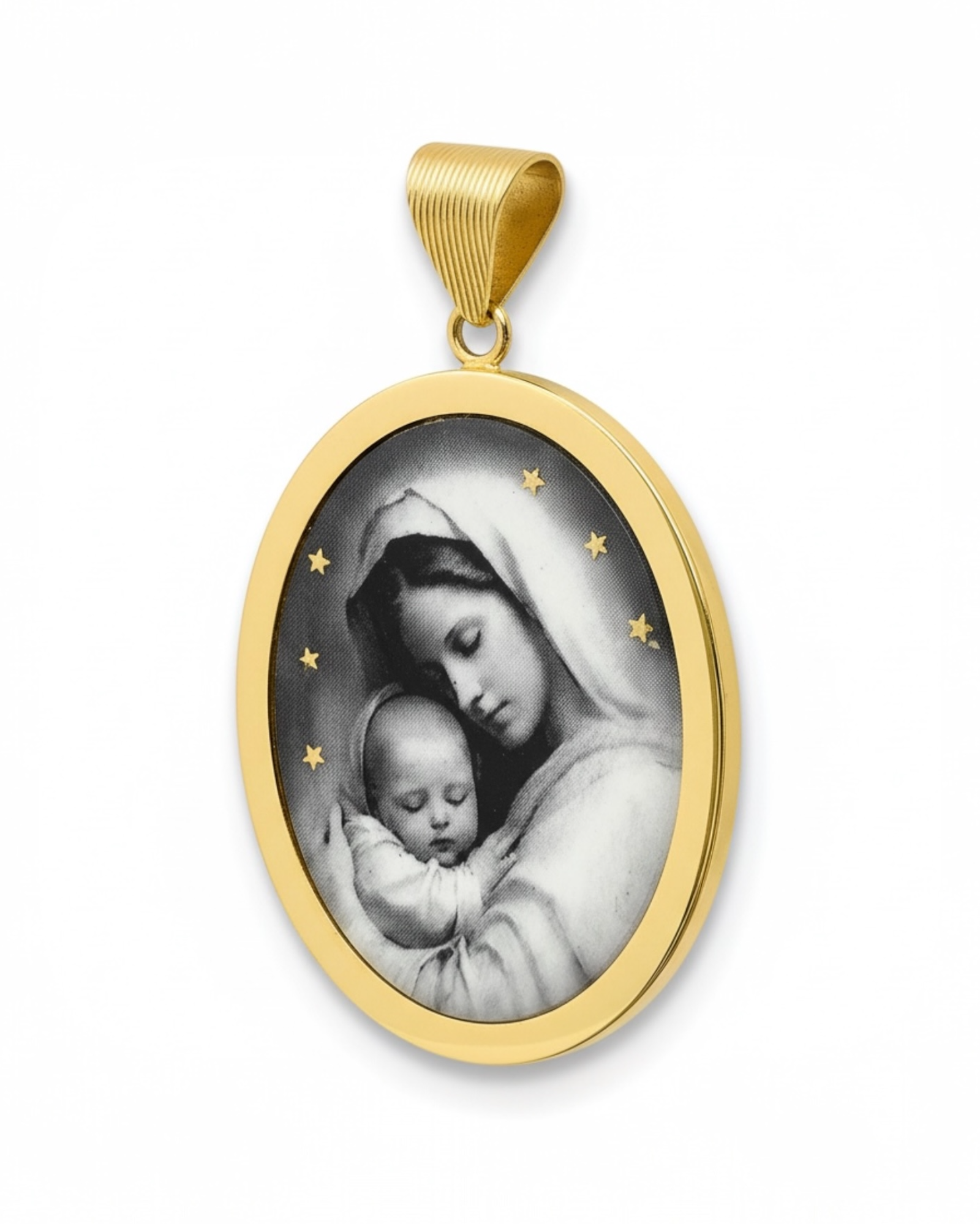 Medalha Mãe Divina Lisa em Prata Dourada com Esmalte Preto e Branco