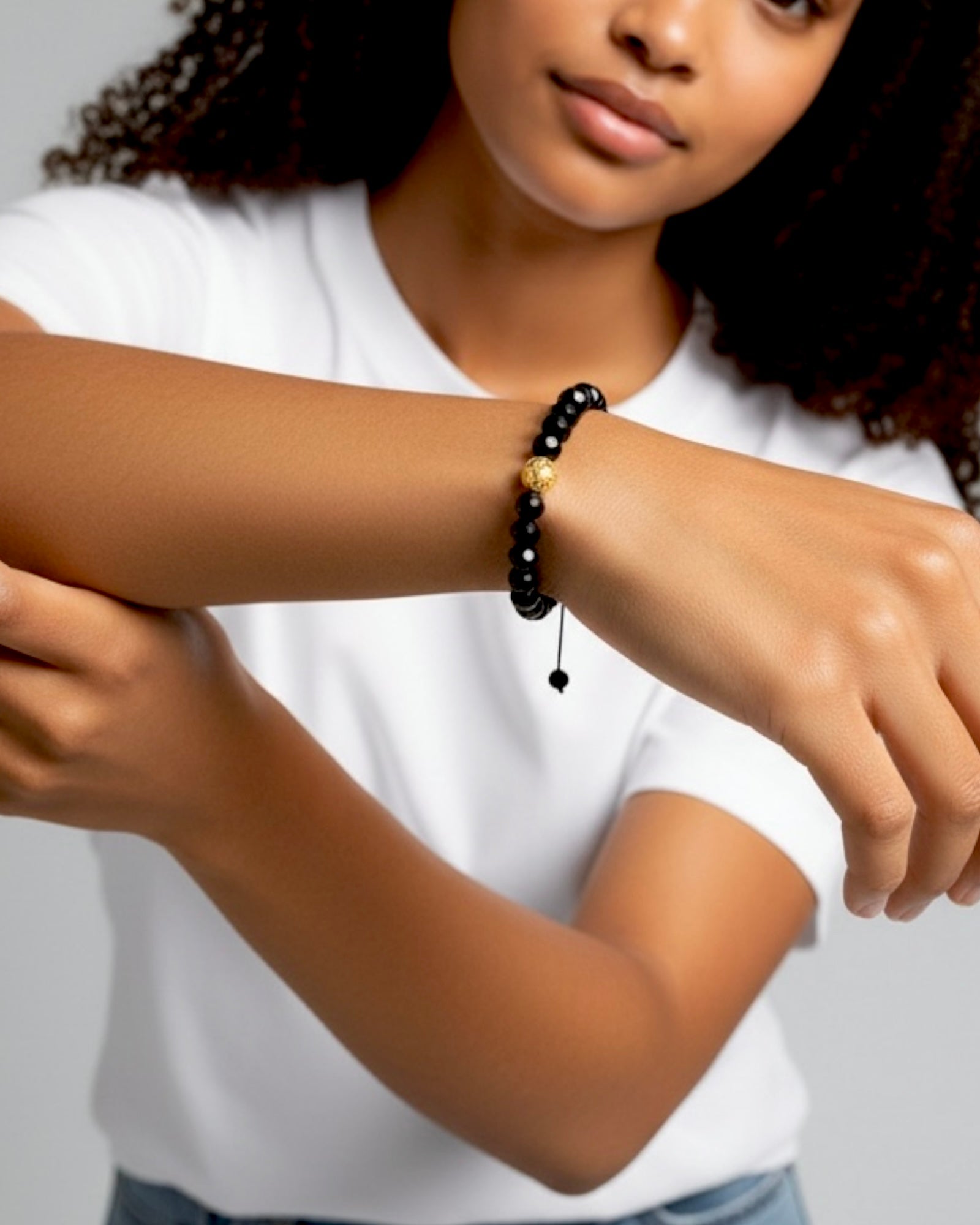 Black Stone Bracelet with Viana Bead in Gold-Plated Silver