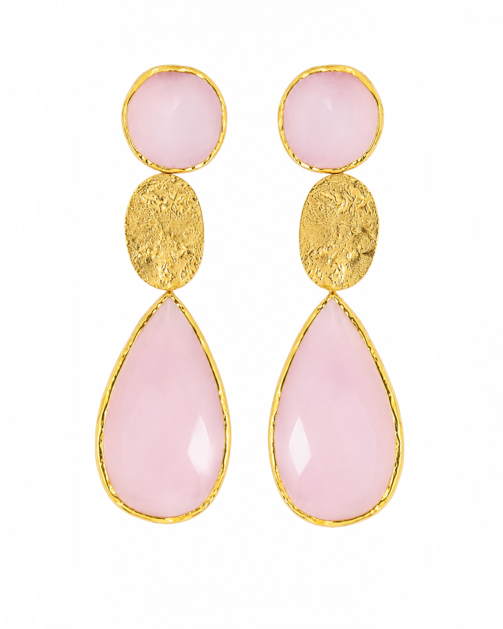 Brincos Gotas Rosa e Chapa em Prata Dourada