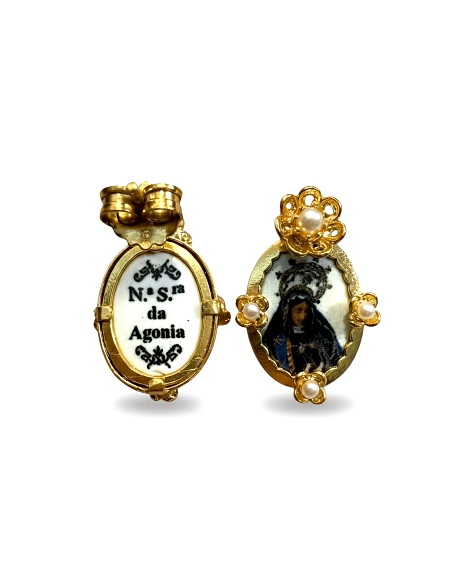 Brincos Nossa Senhora da Agonia em Esmalte e Pérolas