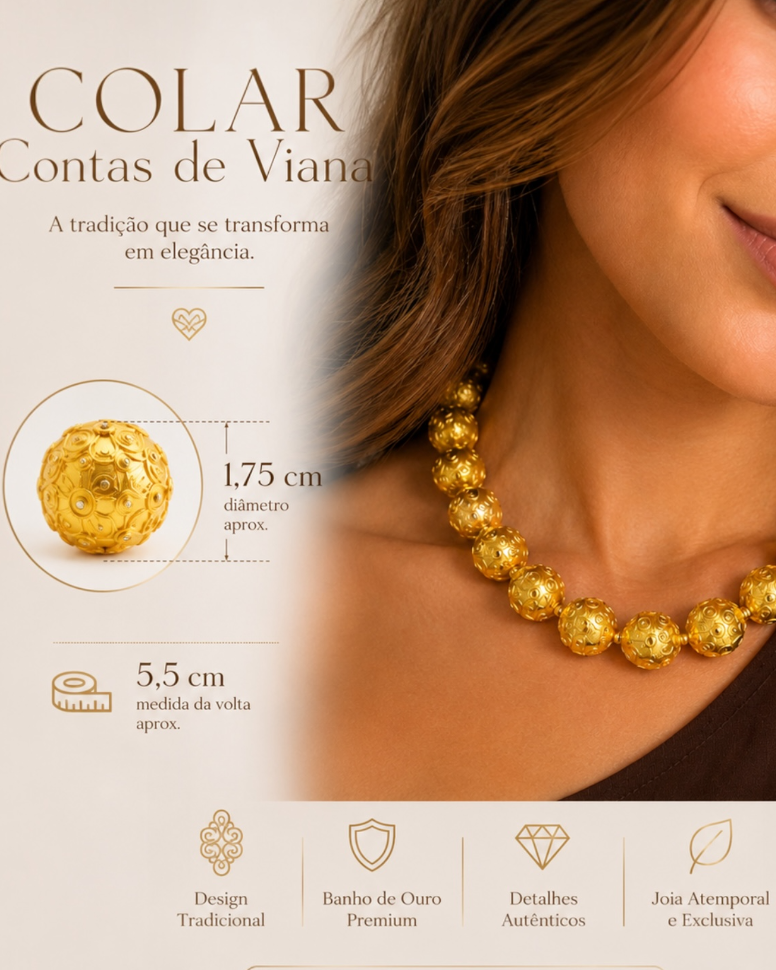 Colar Contas em Prata Dourada