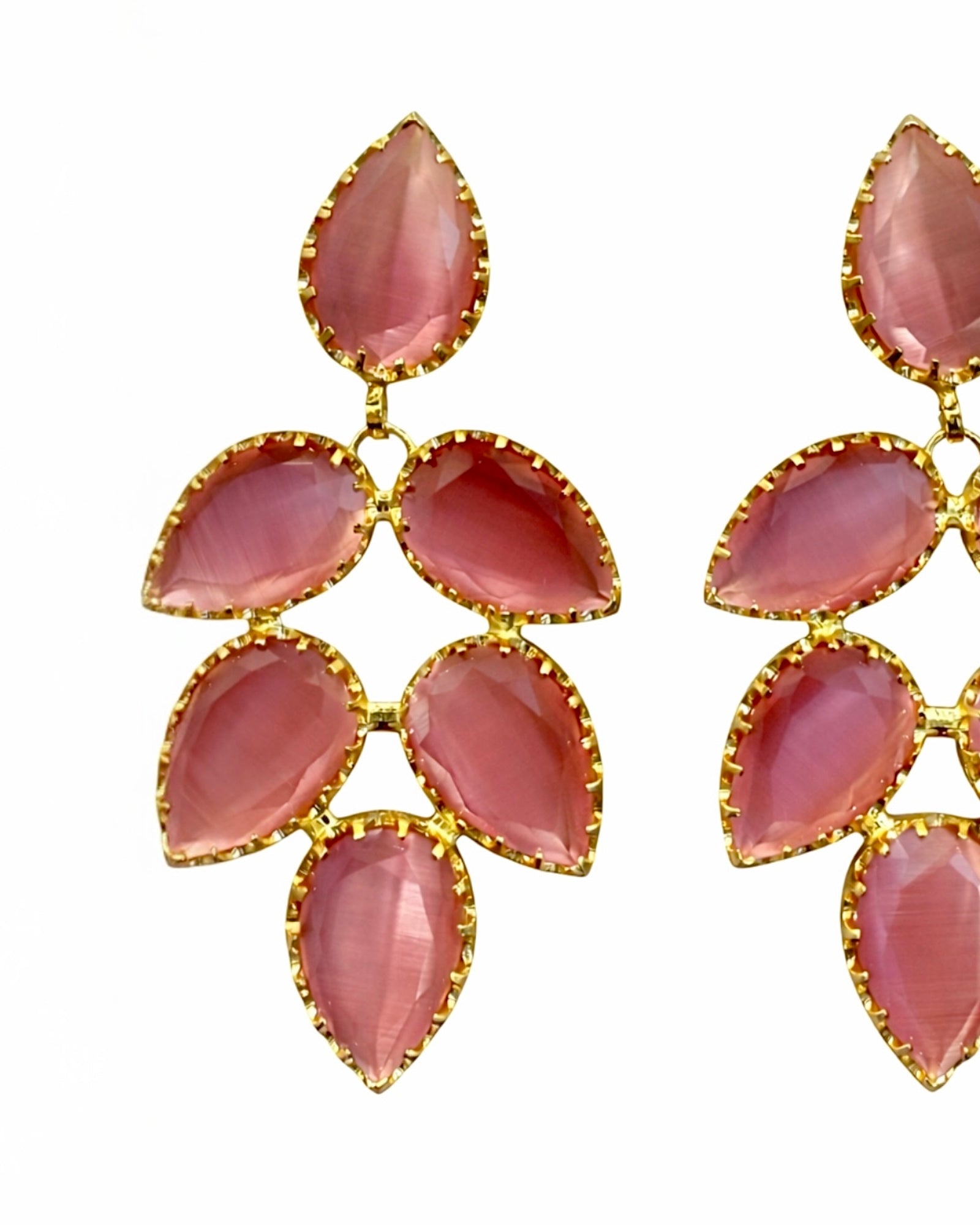 Brincos Gotas Cor-de-Rosa em Prata Dourada