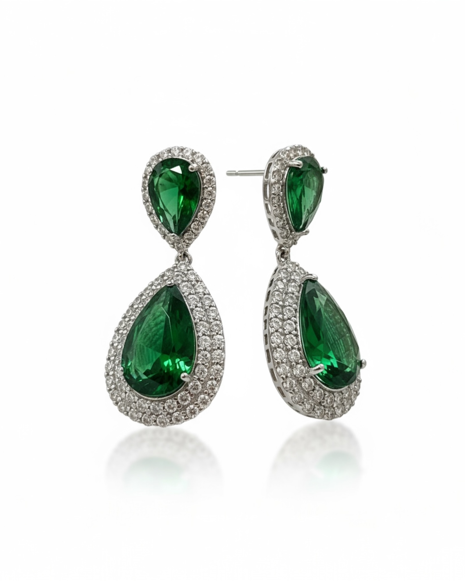 Teardrop Earrings with Green Stones in Silver