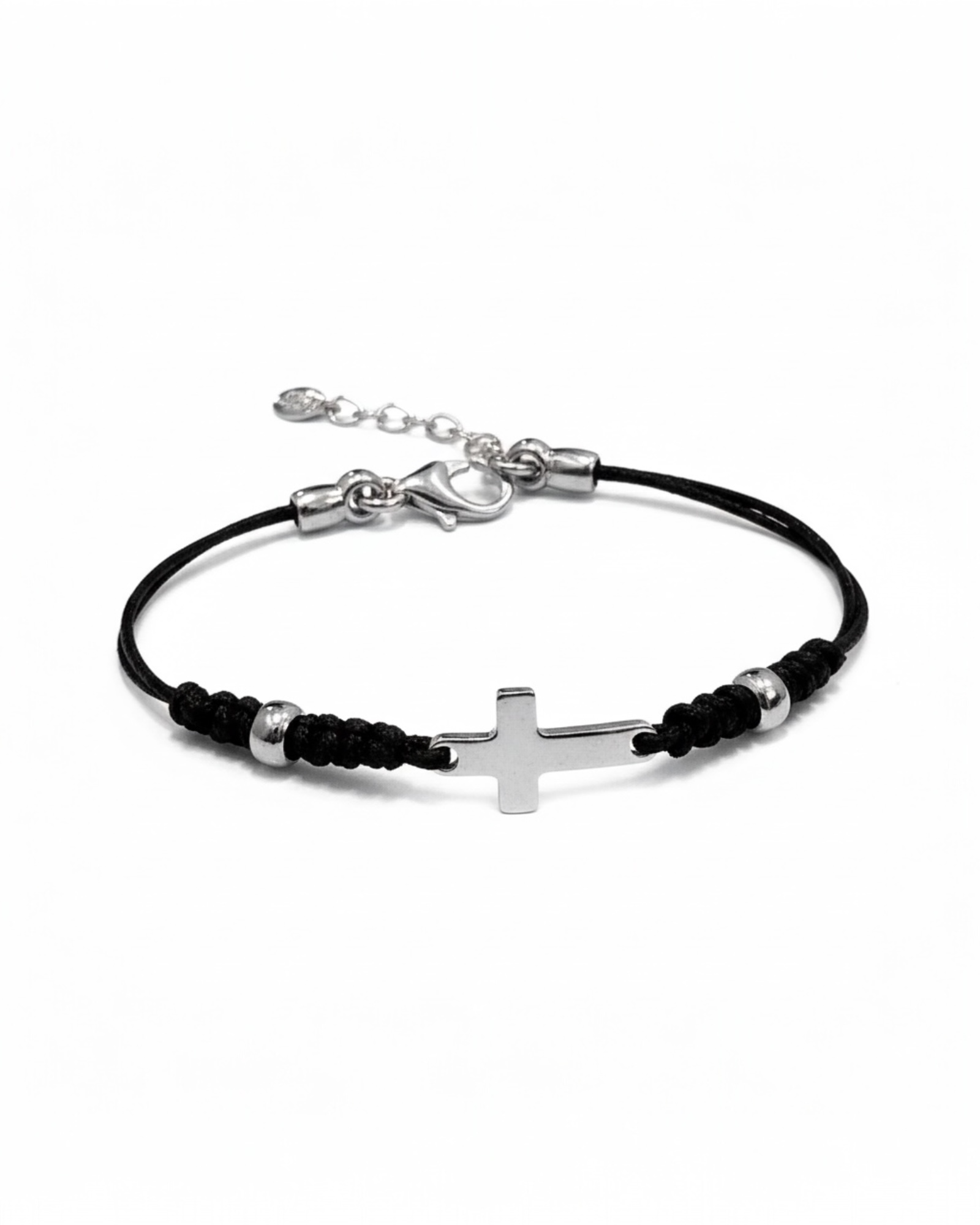 Pulseira Cruz Unissexo em Prata 925% com Fio Preto