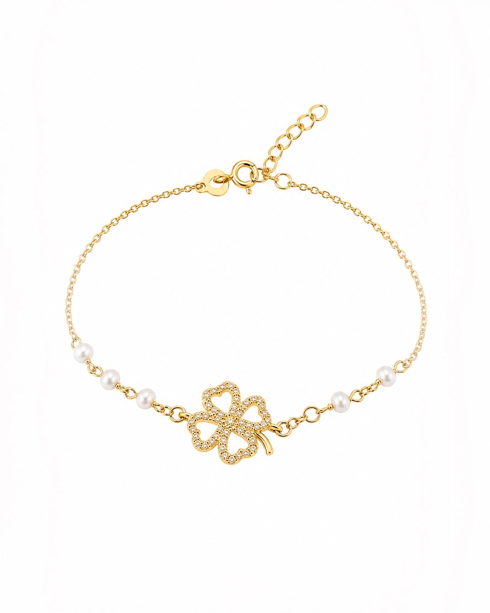 Pulseira Trevo com Pérolas e Prata Dourada