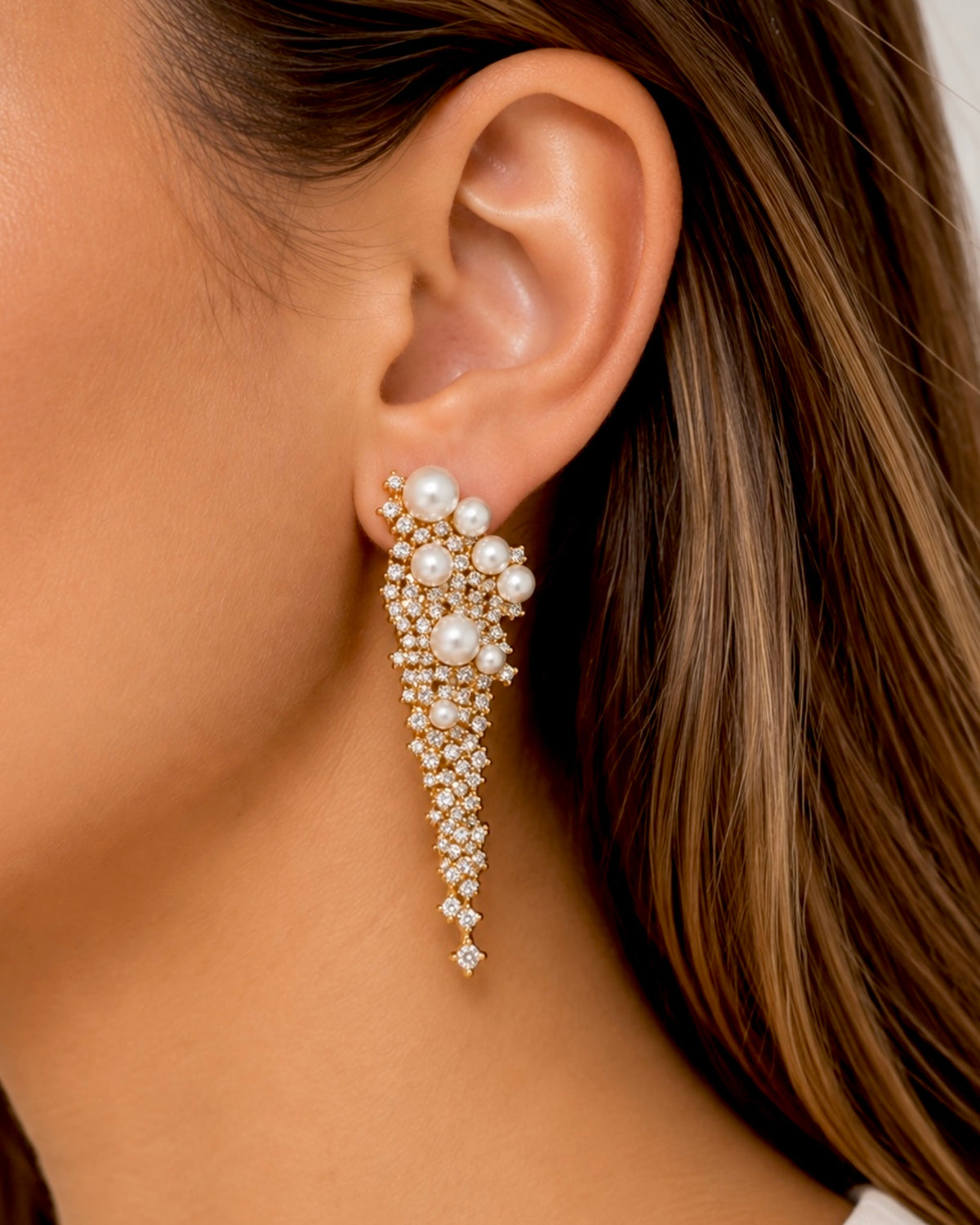 Cascade Earrings with Pearls and Sparkle in Silver