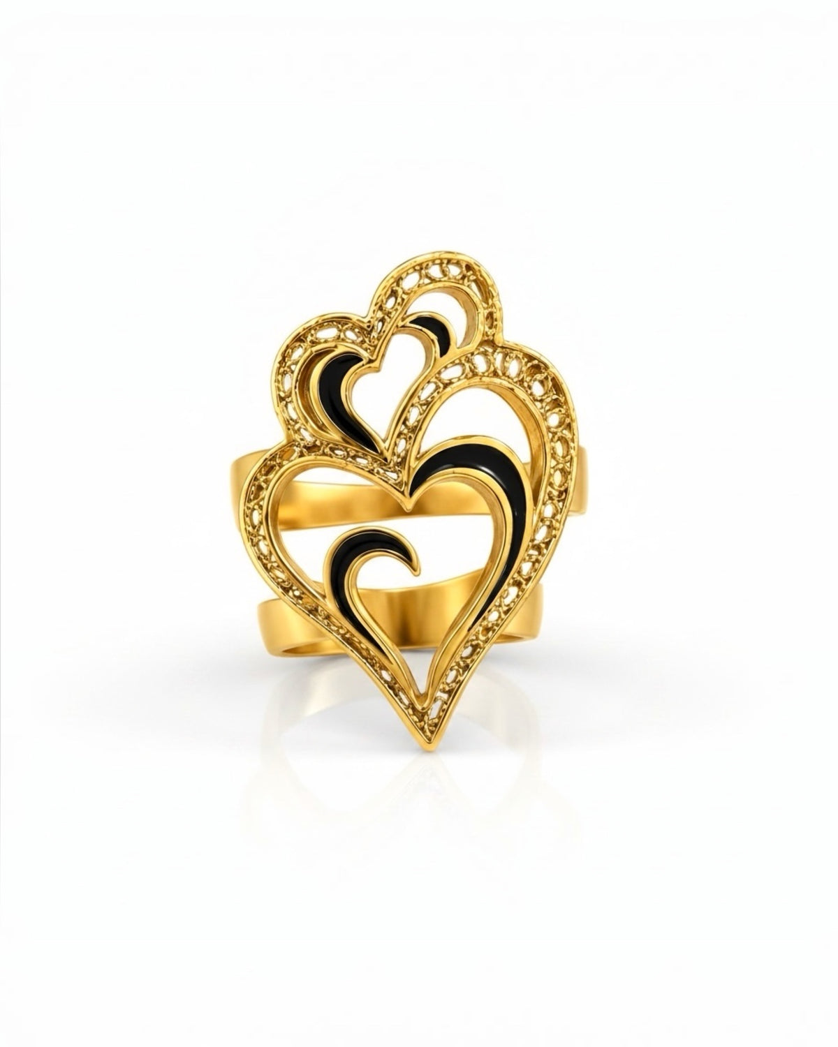 Viana Heart Ring is Love with Black Enamel in Gold-Plated Silver