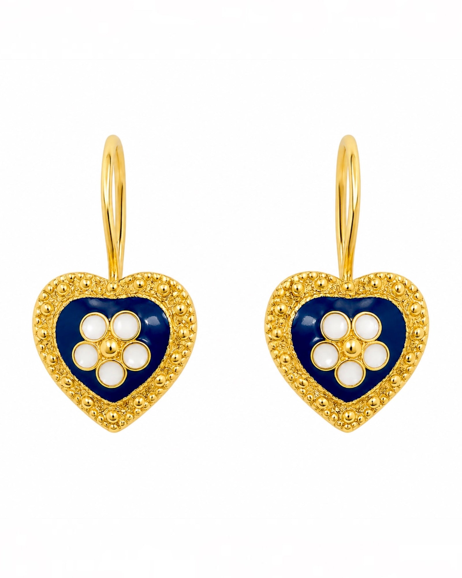 Brincos Tradicionais Coração Caramujo em Prata Dourada 925% com Esmalte Azul com Gancho