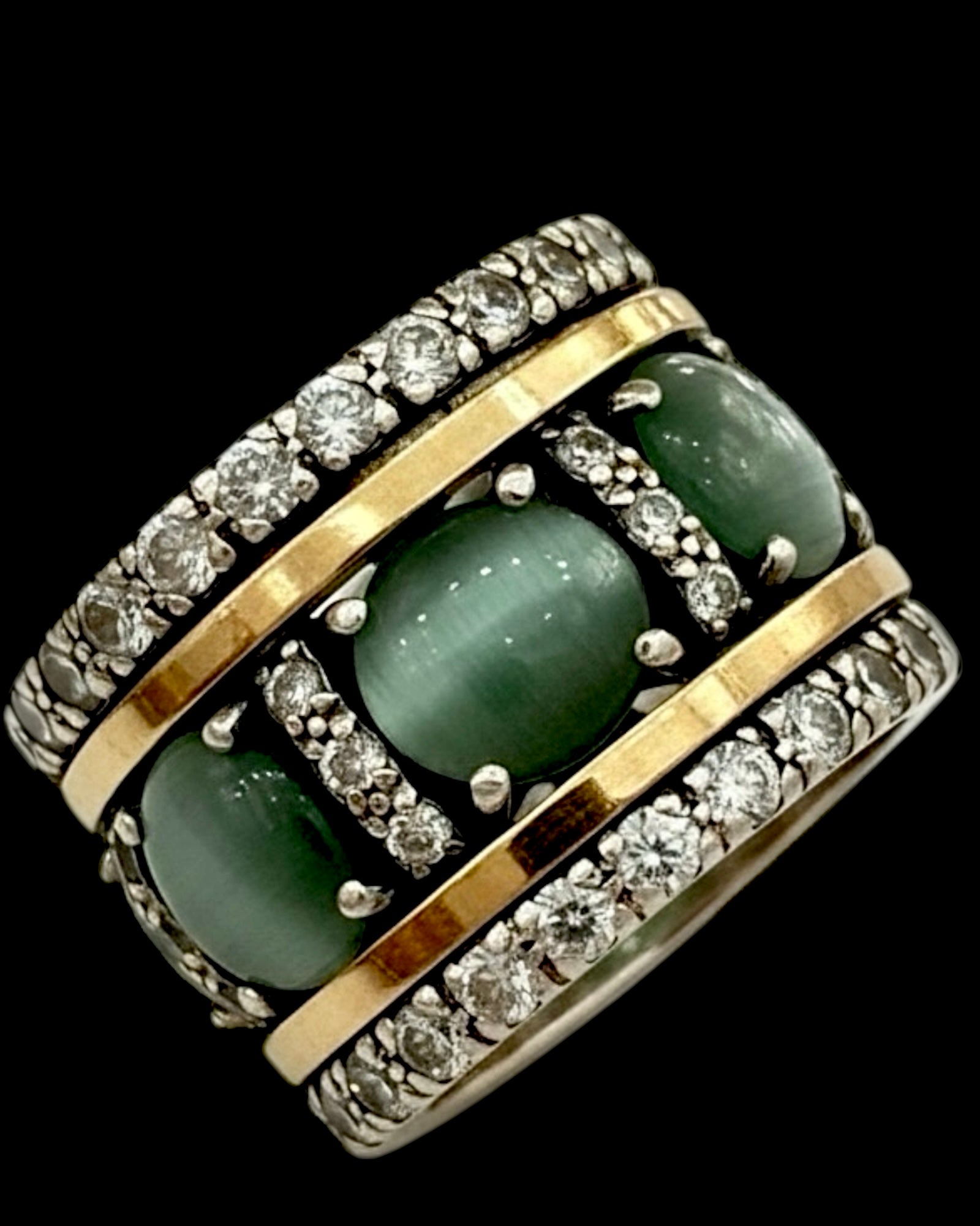 Anel Anti-Stress com Pedra Verde em Prata e Ouro