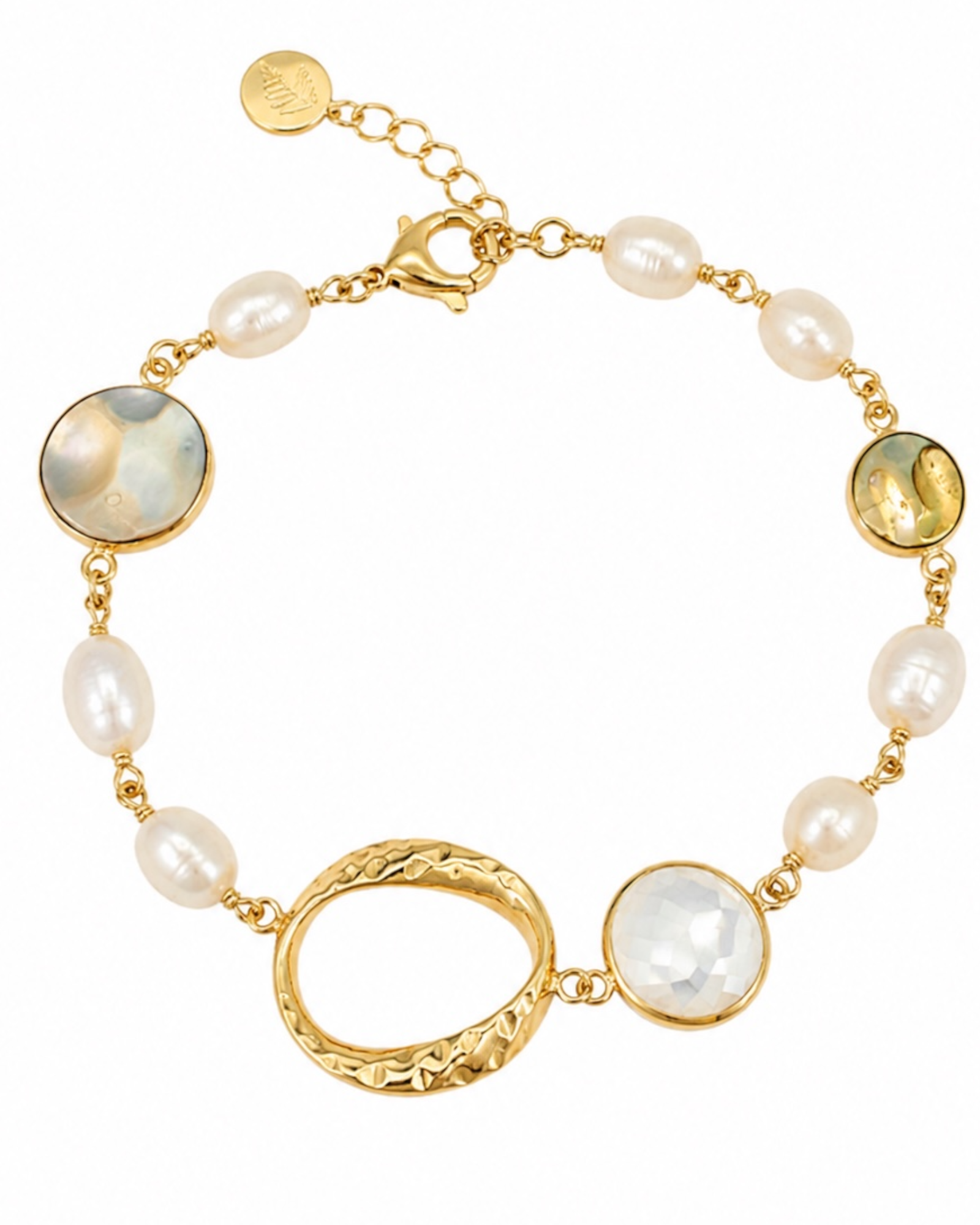Pulseira de Pérolas com Argola em Prata Dourada e Pedra