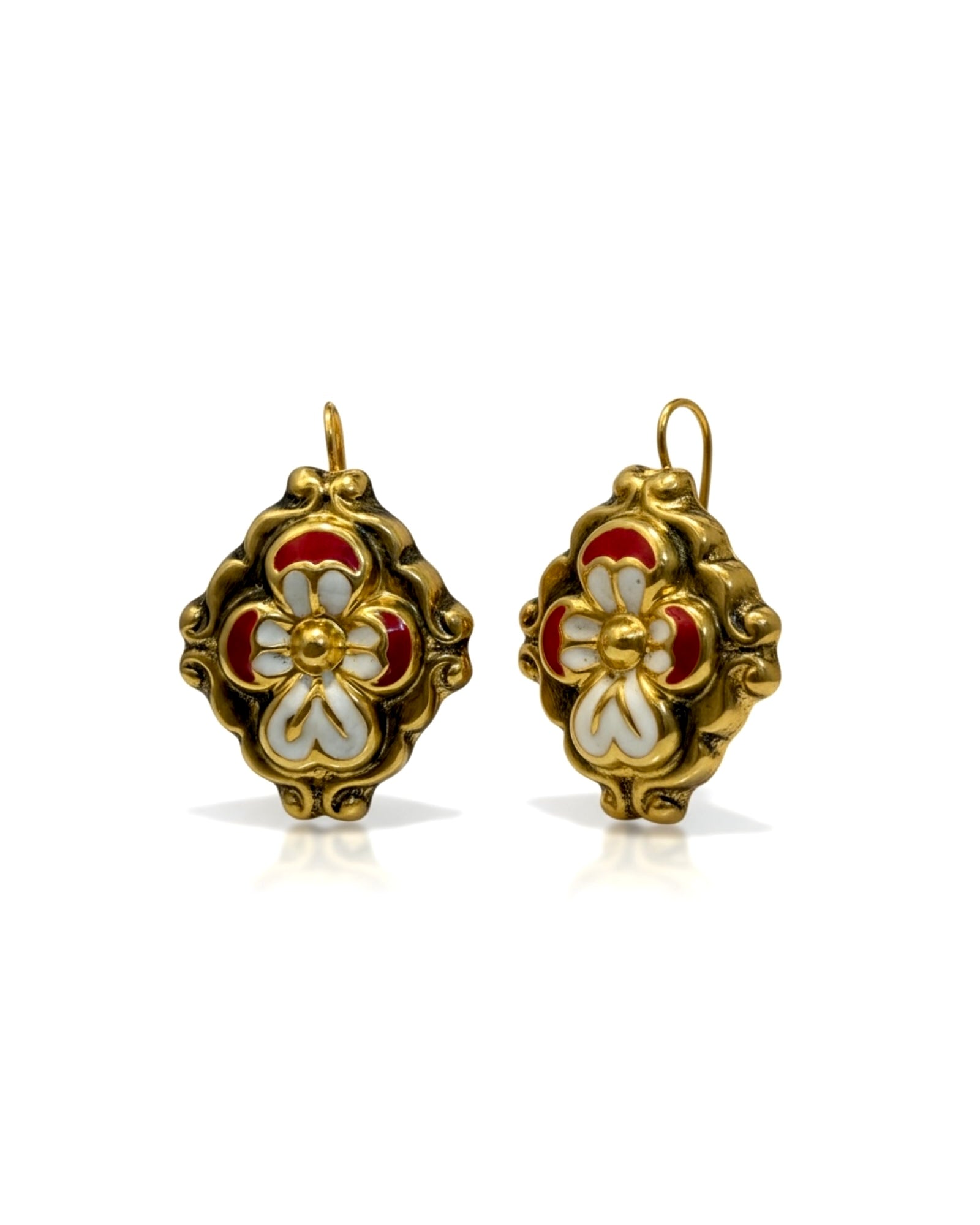 Red Baroque Earrings with Gold-Plated Silver Flowers