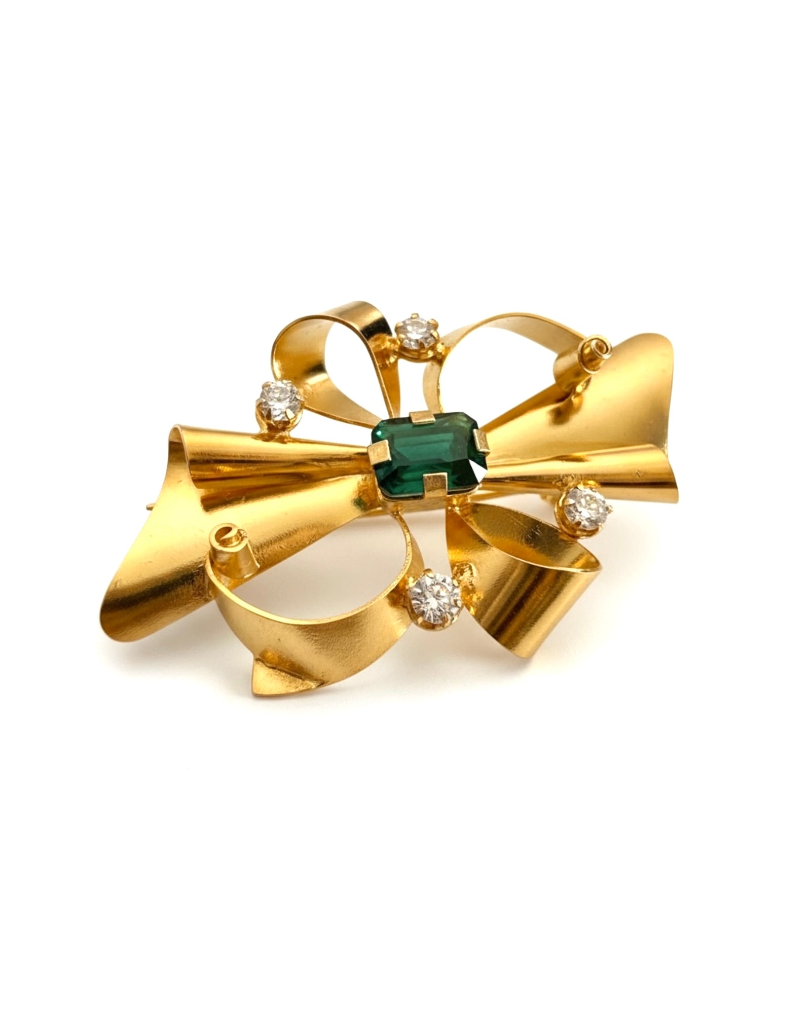 Alfinete Laço Verde em Prata Dourada