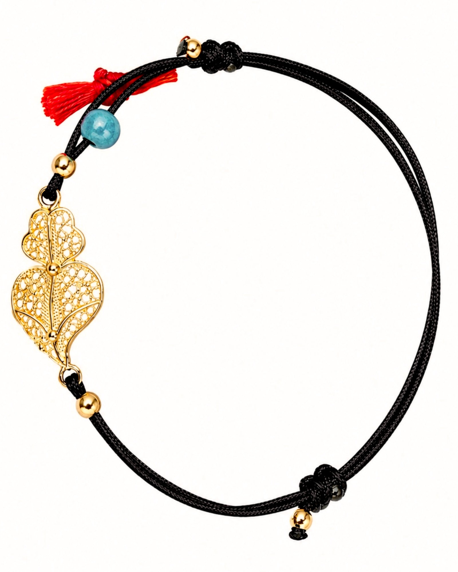 Pulseira de Seda Preta com Coração de Viana em Prata Dourada