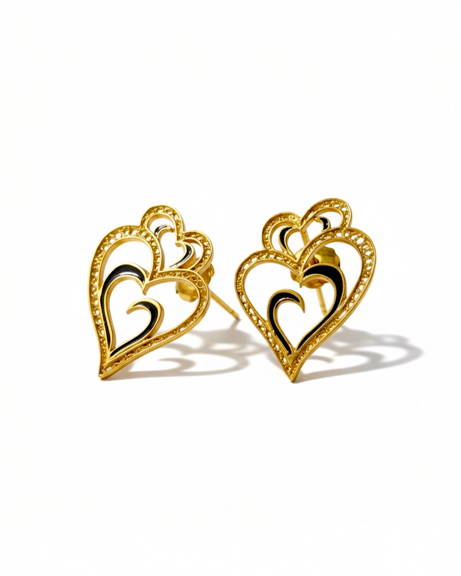 Viana is Love Heart Earrings with Black Enamel on Gold Plated Silver