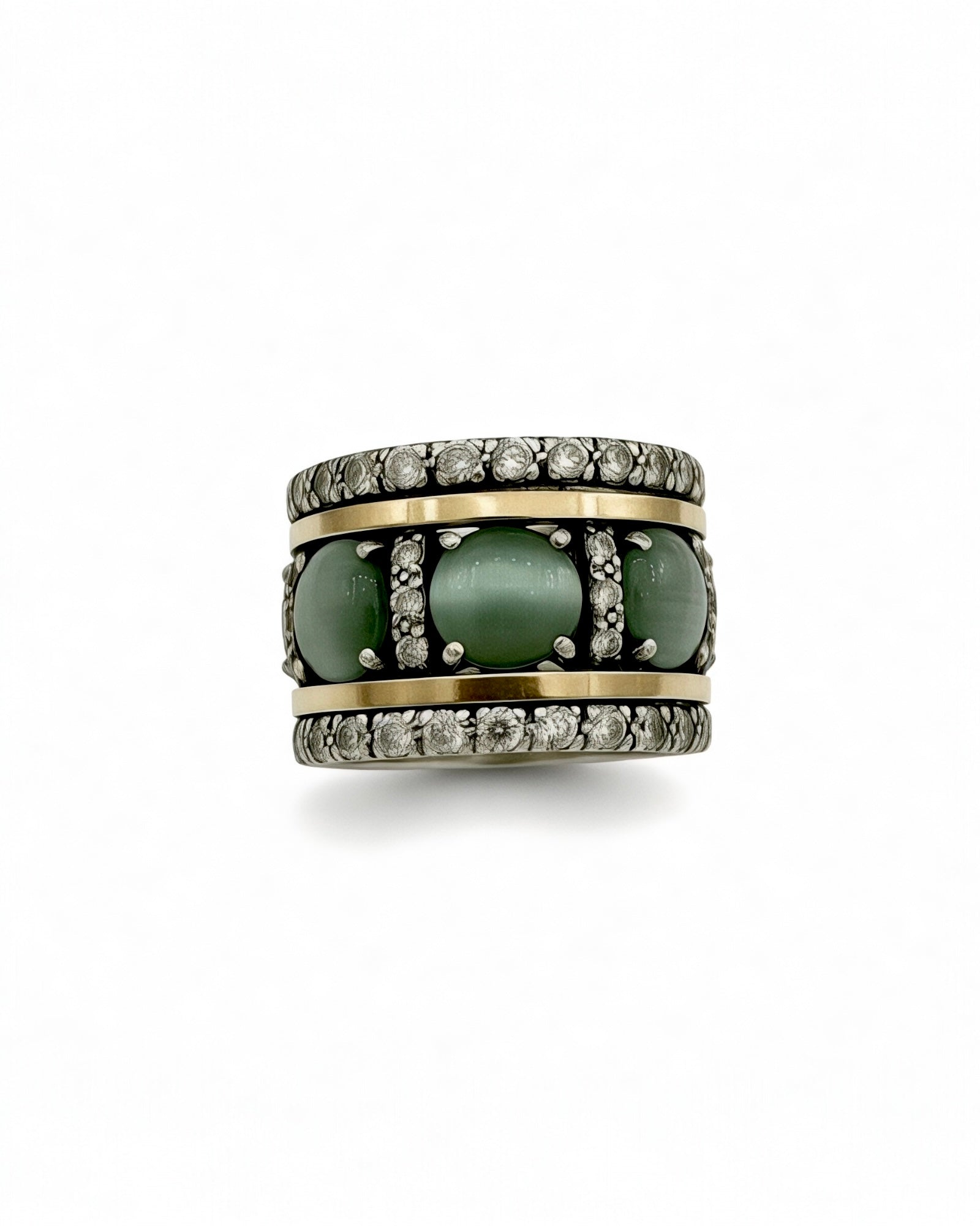 Anel Anti-Stress com Pedra Verde em Prata e Ouro