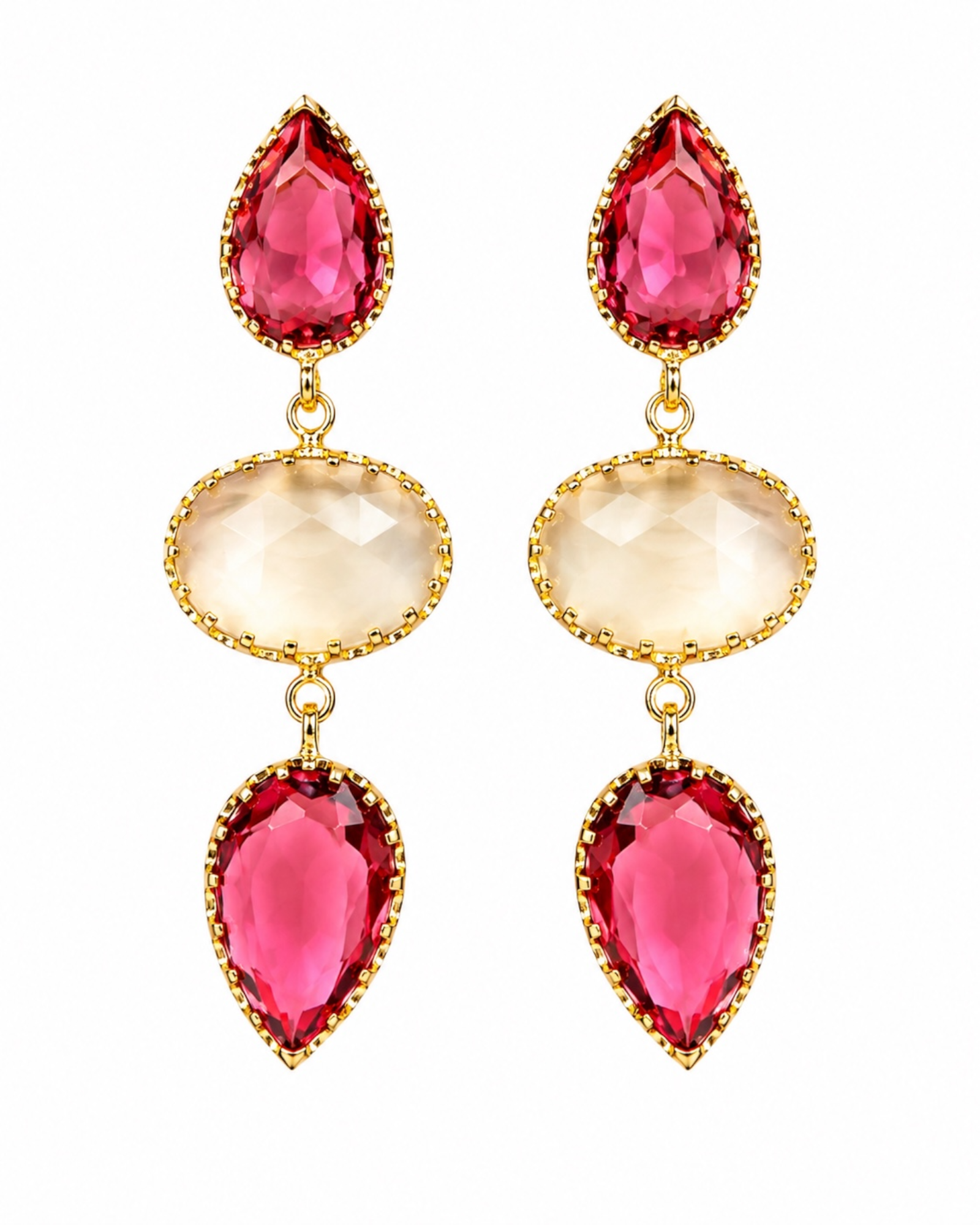 White and Pink Drop Earrings in Gold-Plated Silver