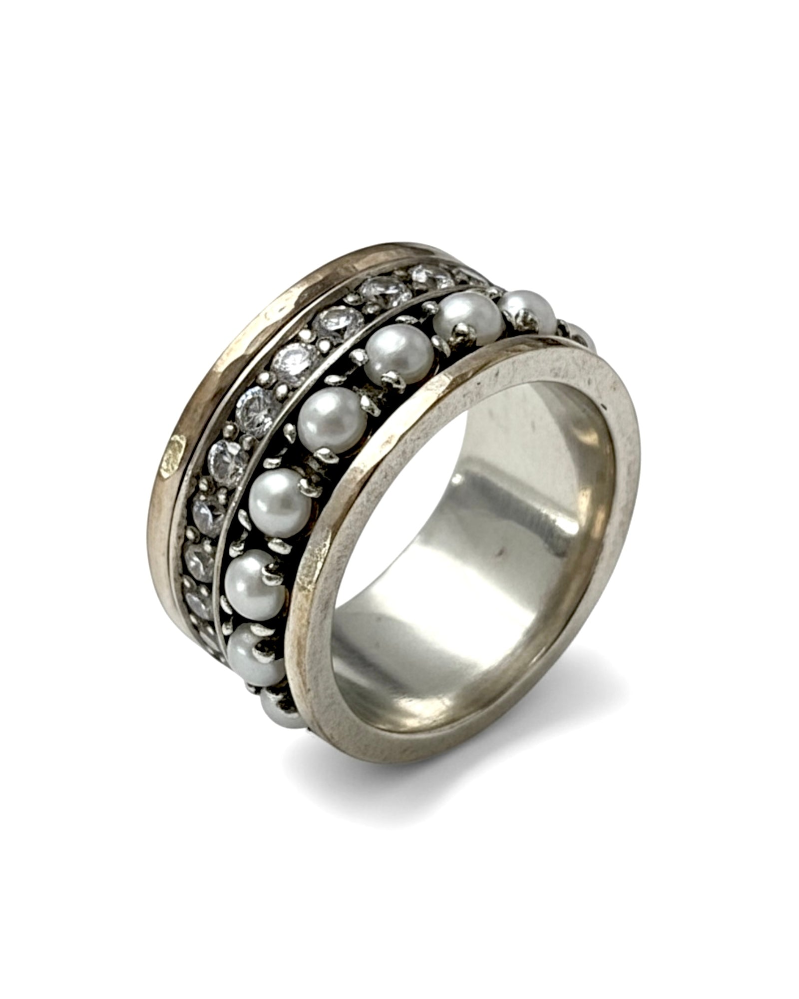 Anti-Stress Ring/Wedding Ring with Pearls in Silver and Gold