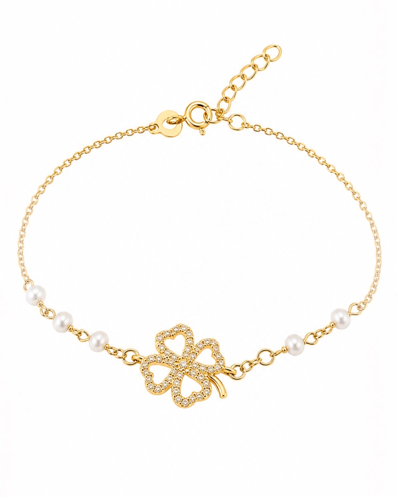 Pulseira Trevo com Pérolas e Prata Dourada