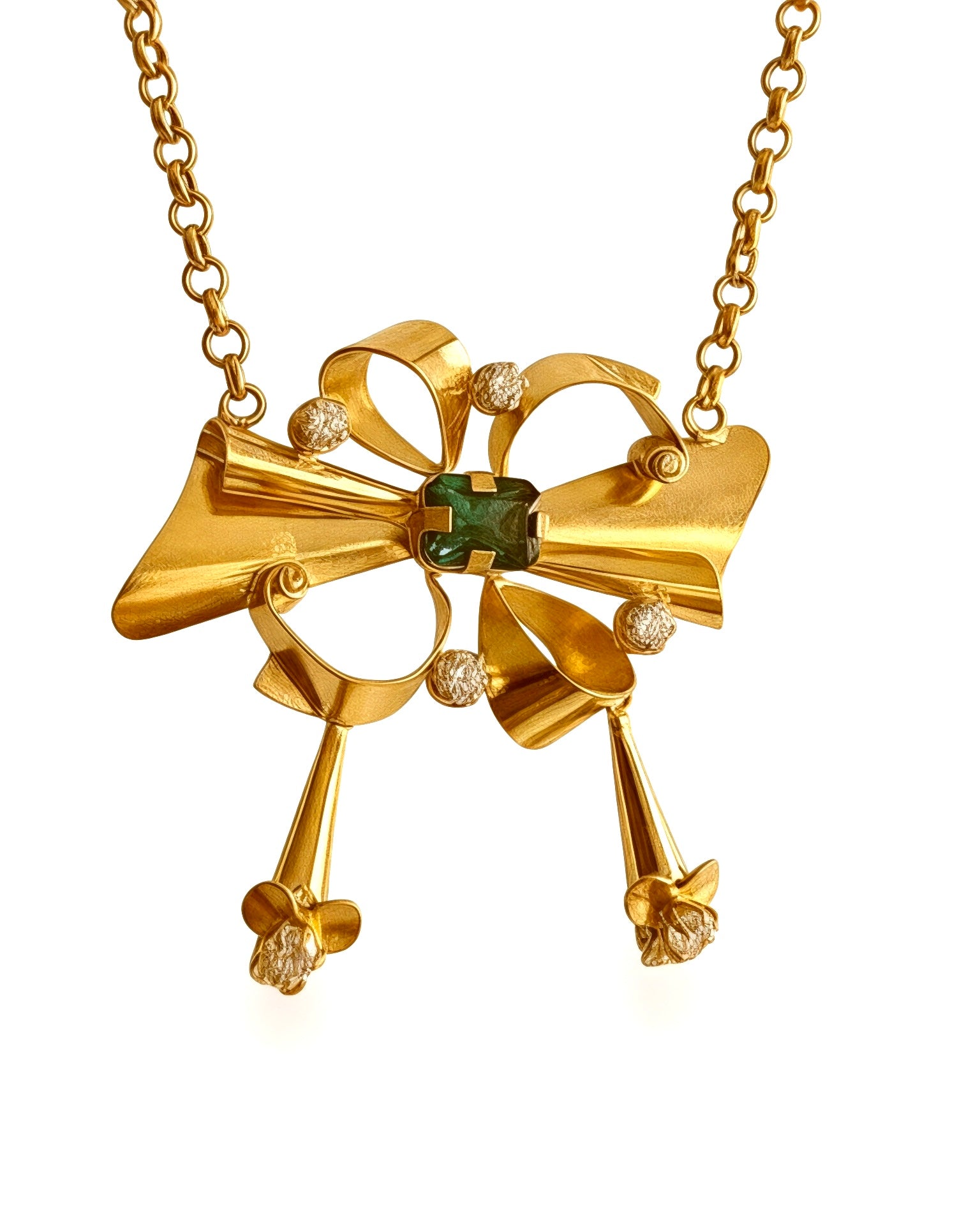 Baroque necklace with green stone in gold-plated silver.
