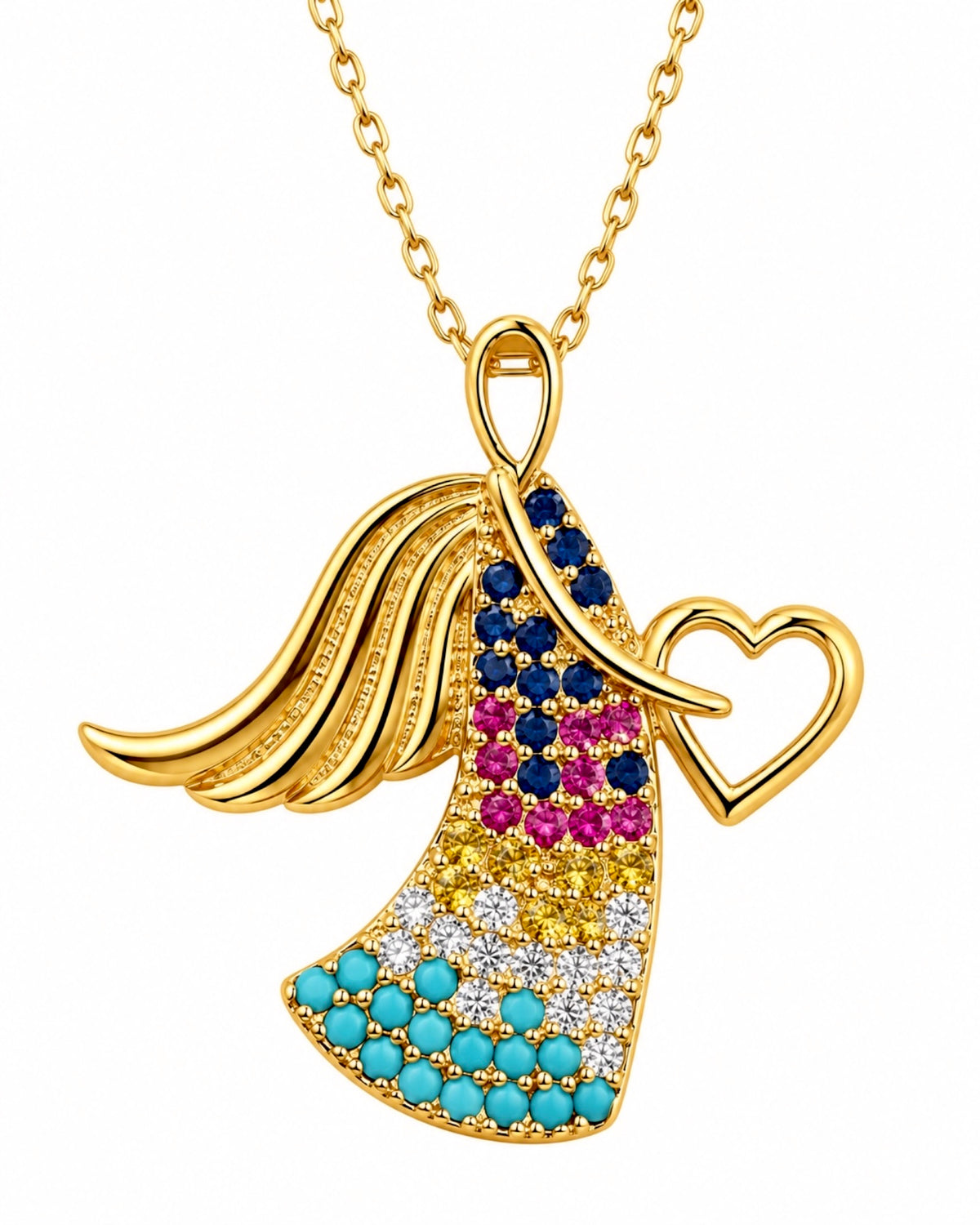 Colar Anjo com Cores em Prata Dourada
