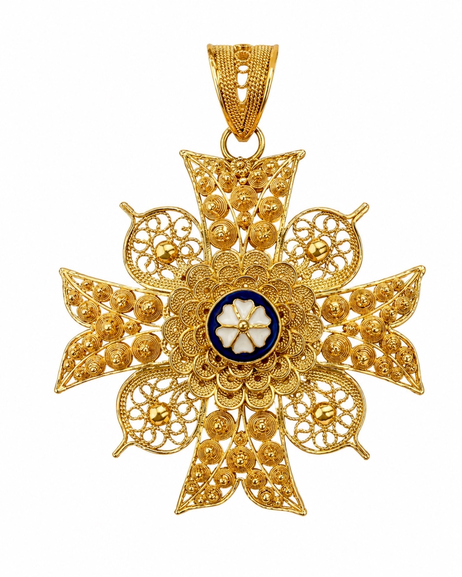 Filigree Maltese Cross Medal in Gilded Silver with Blue and White Enamel