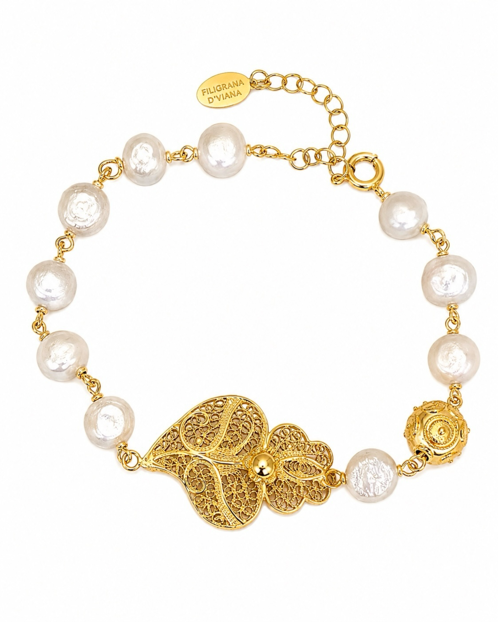 Pulseira de Pérolas com Coração e Conta de Viana em Prata Dourada