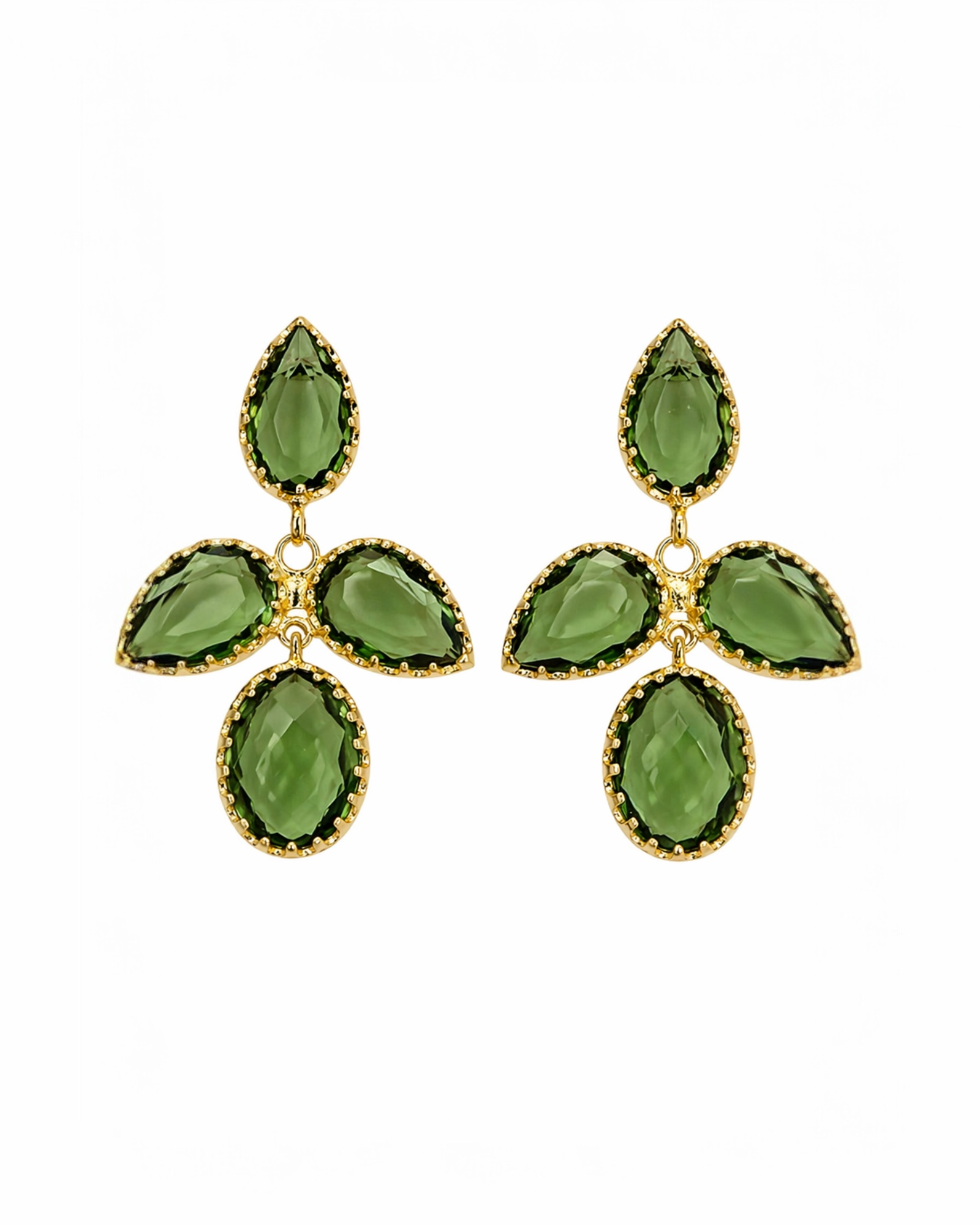 Brincos Gotas Verdes Claras em Prata Dourada