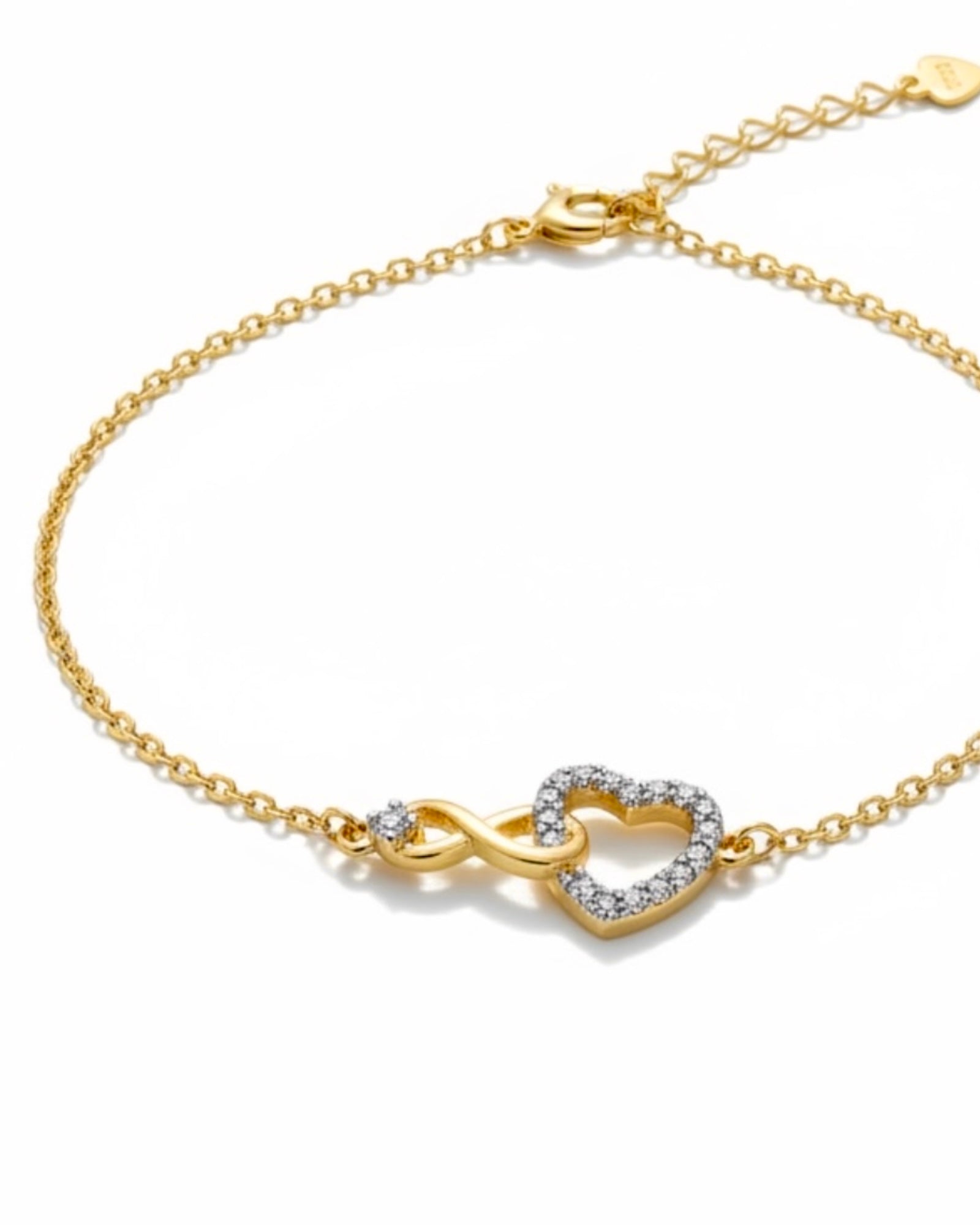Pulseira Infinito e Coração em Prata Dourada