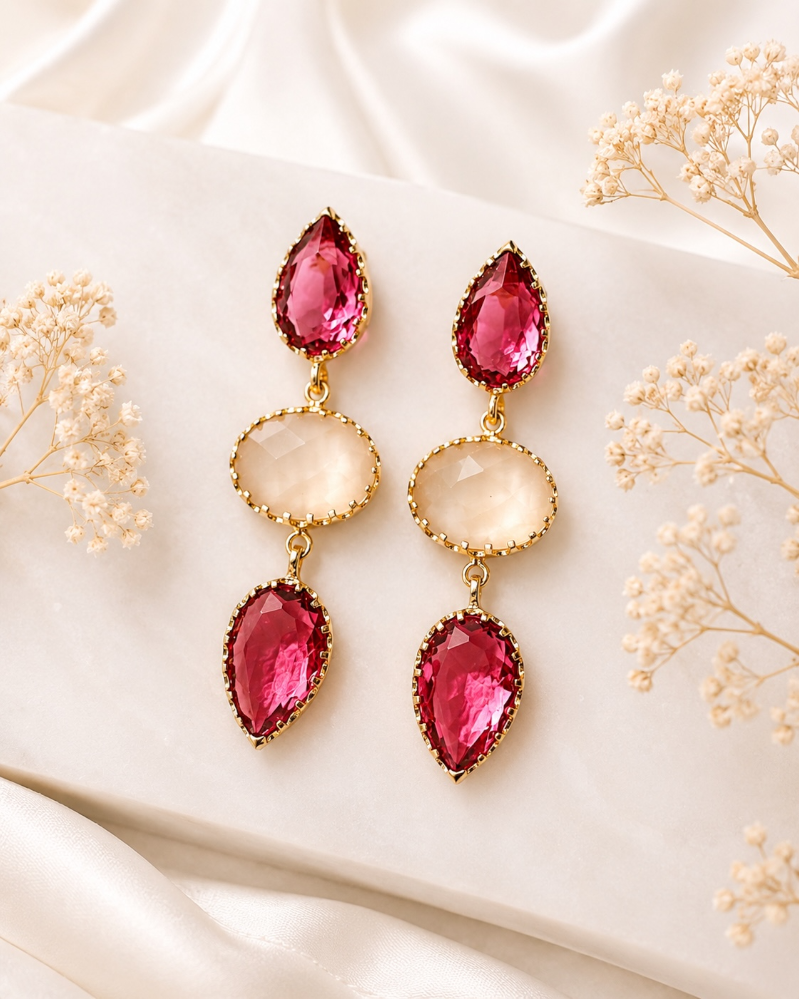 White and Pink Drop Earrings in Gold-Plated Silver
