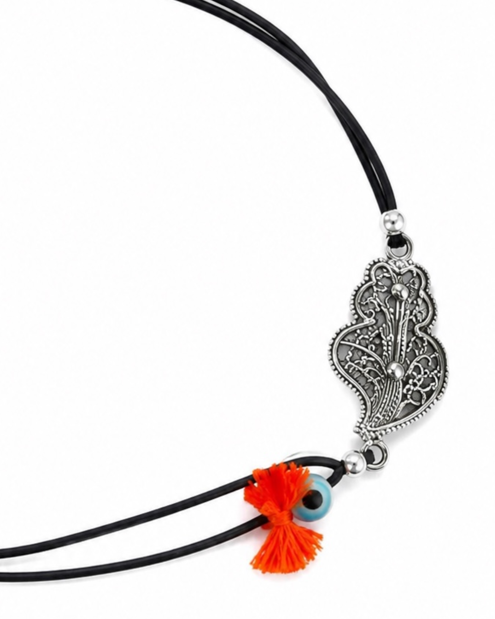 Black silk bracelet with a silver Viana heart charm.