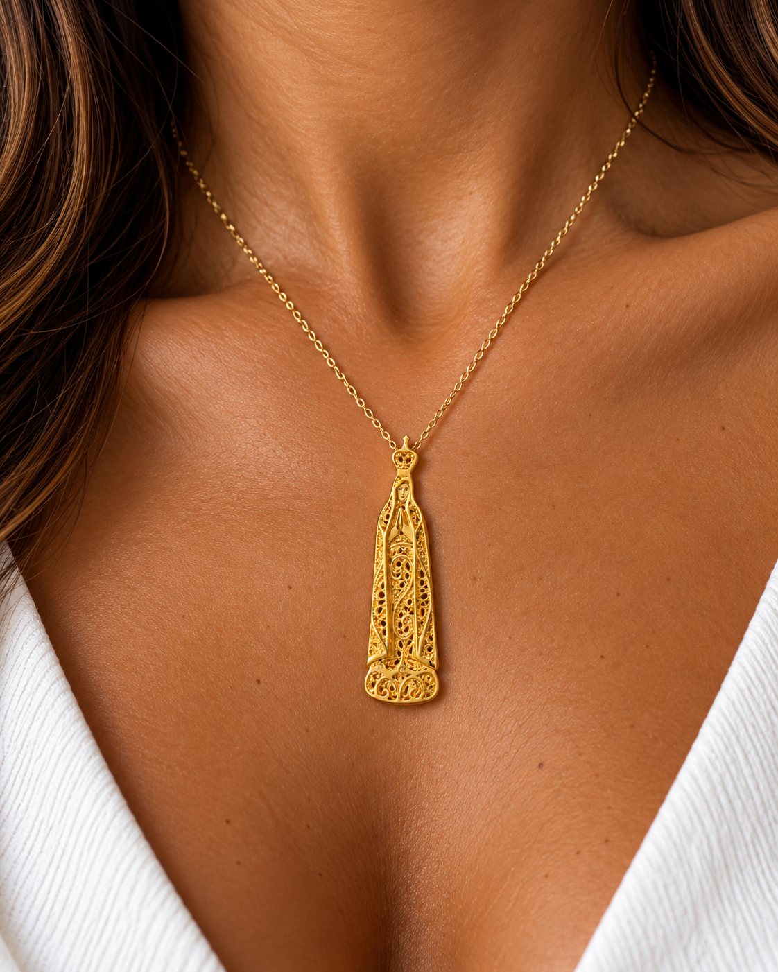 Colar Nossa Senhora de Fátima Filigrana em Ouro