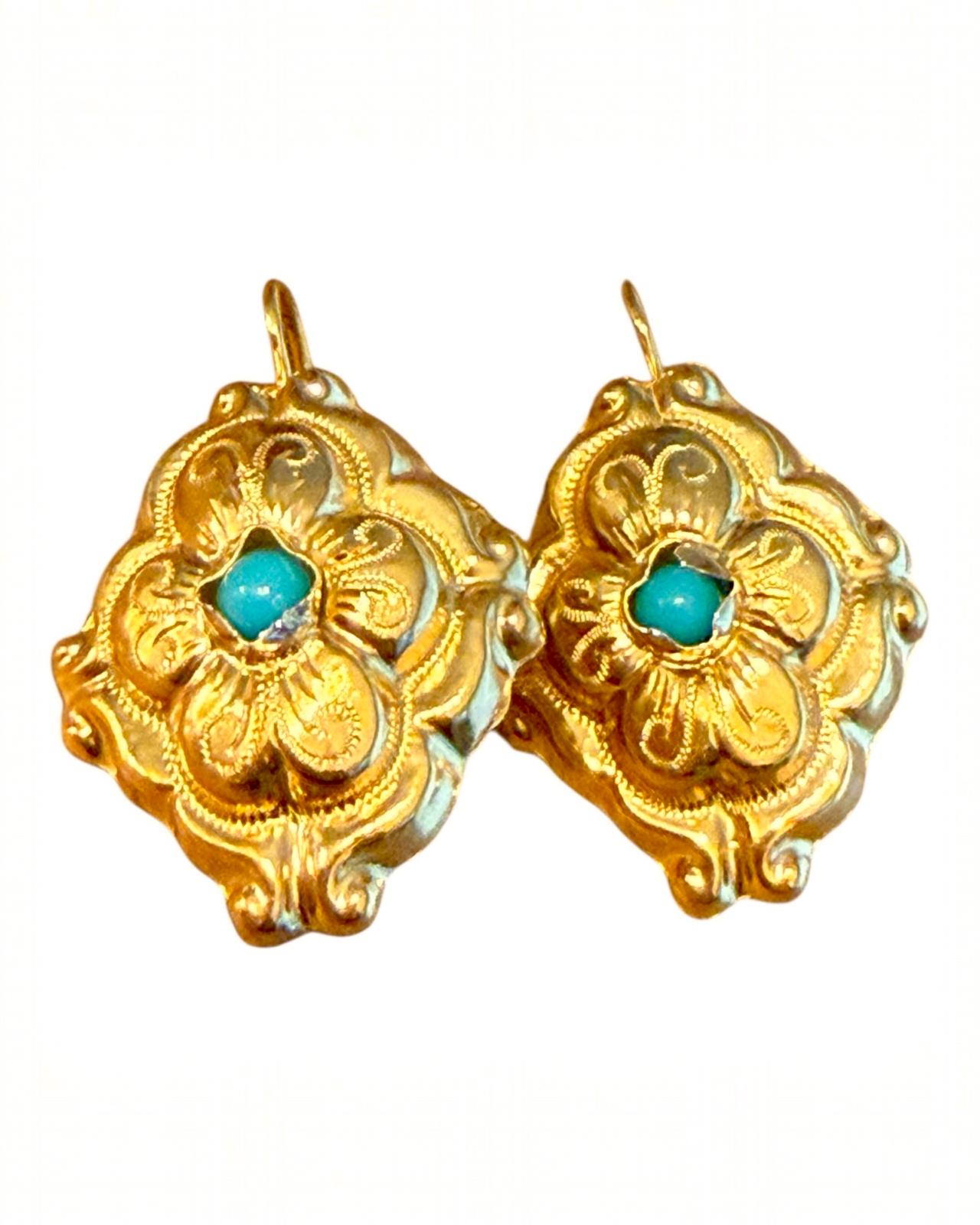 Baroque Earrings with Turquoise Blue Stone in Gold-Plated Silver