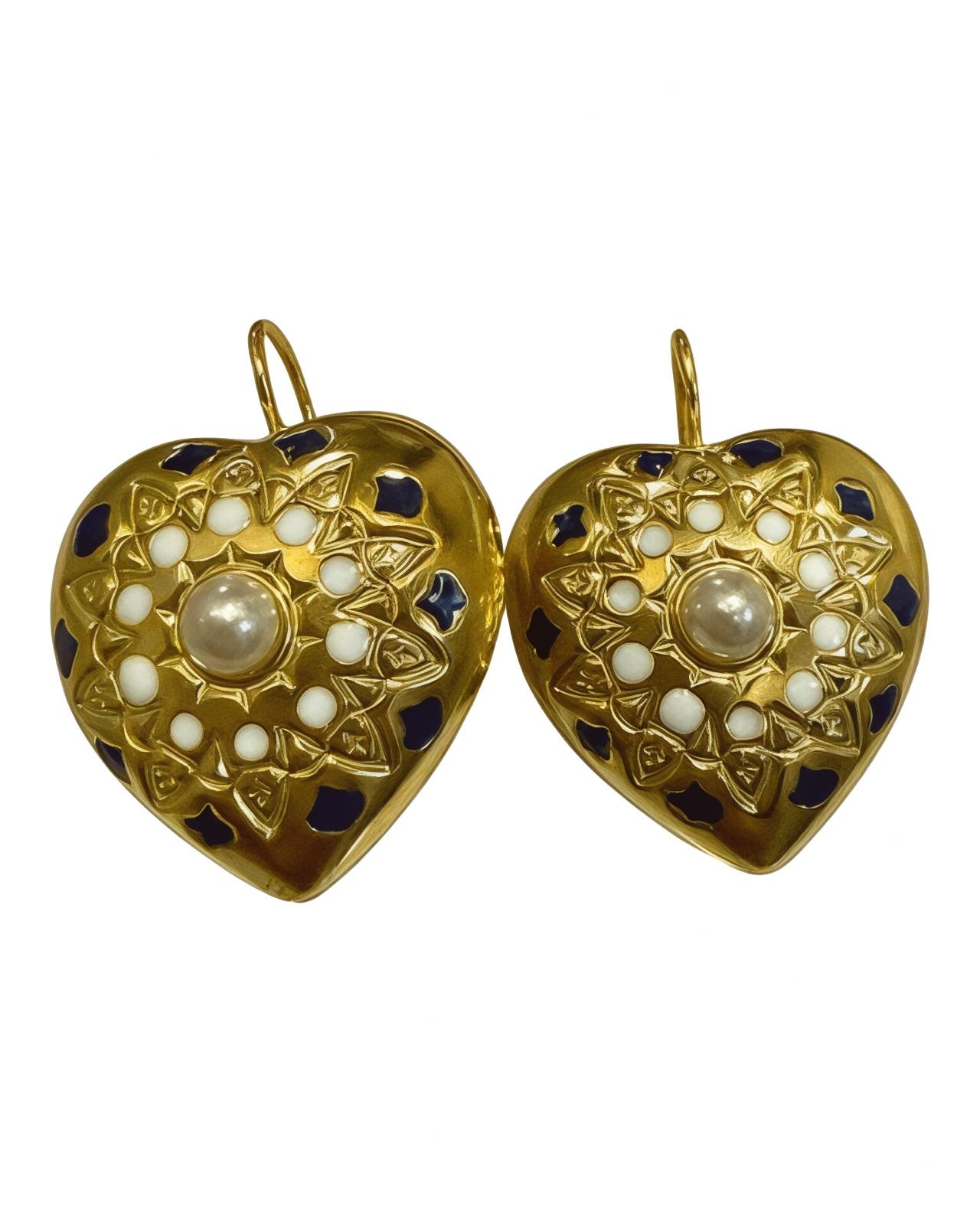 Blue Heart Earrings with Pearl in Gold-Plated Silver