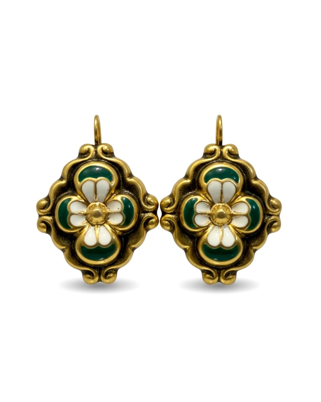 Green Baroque Earrings with Flowers in Gold-Plated Silver