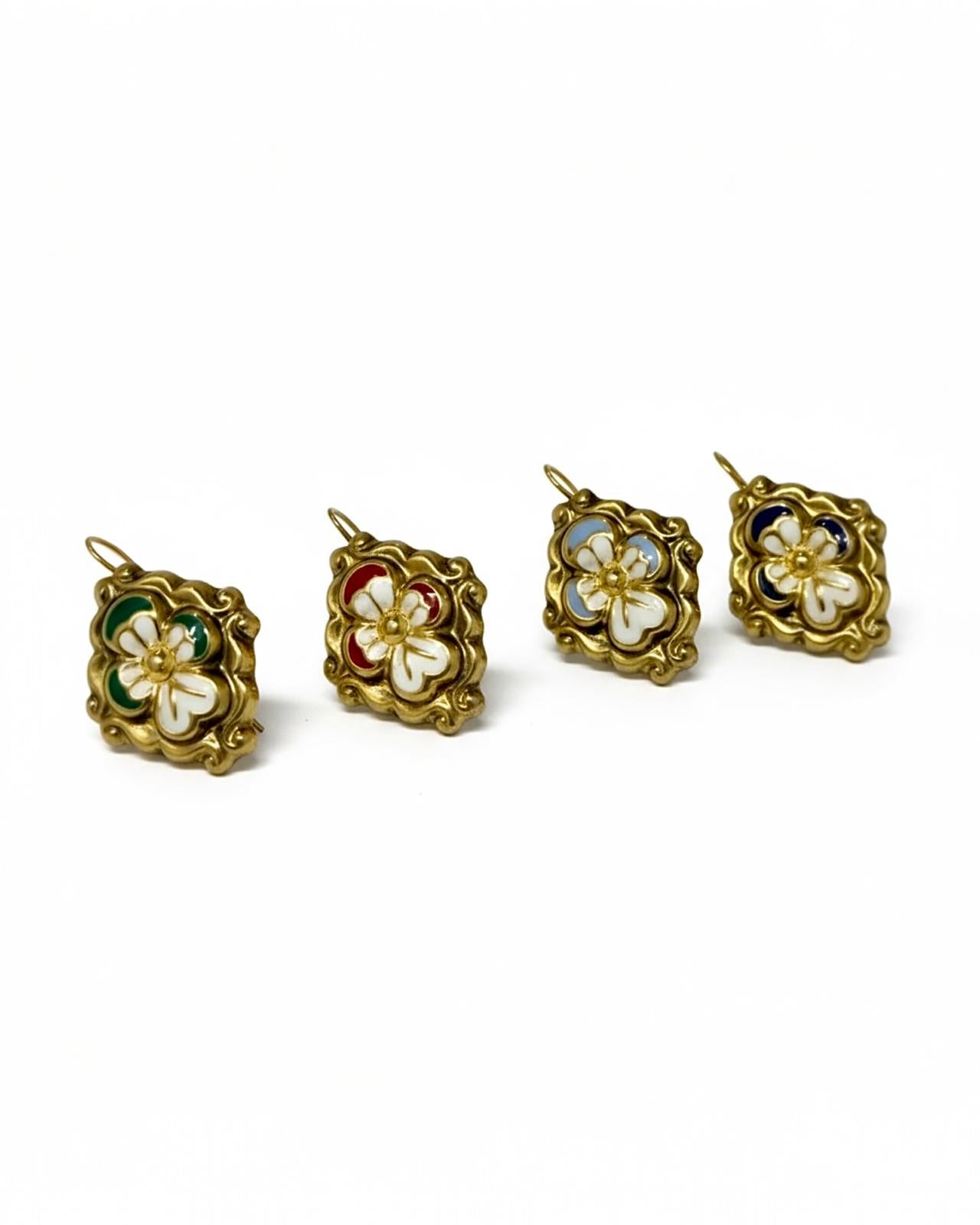 Green Baroque Earrings with Flowers in Gold-Plated Silver