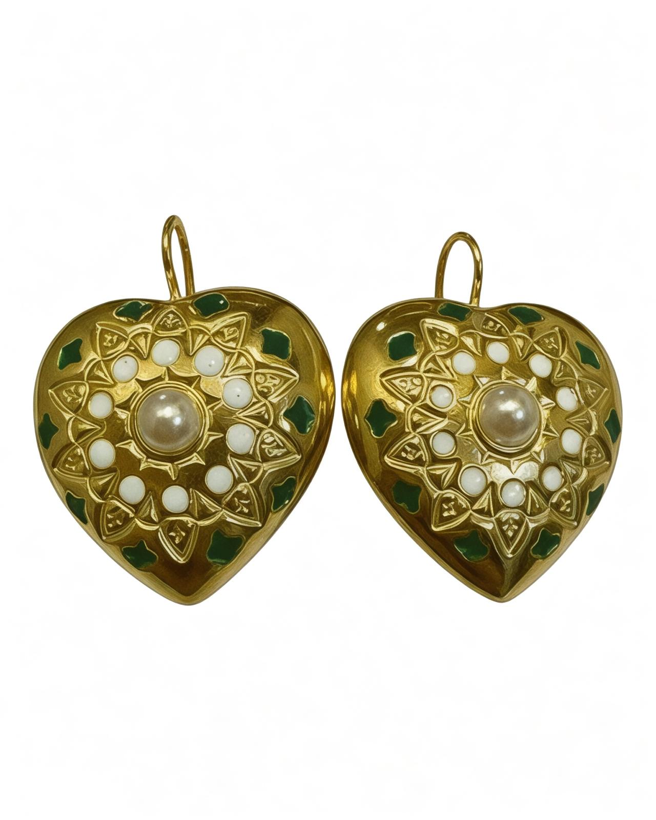 Green Heart Earrings with Pearl in Gold-Plated Silver