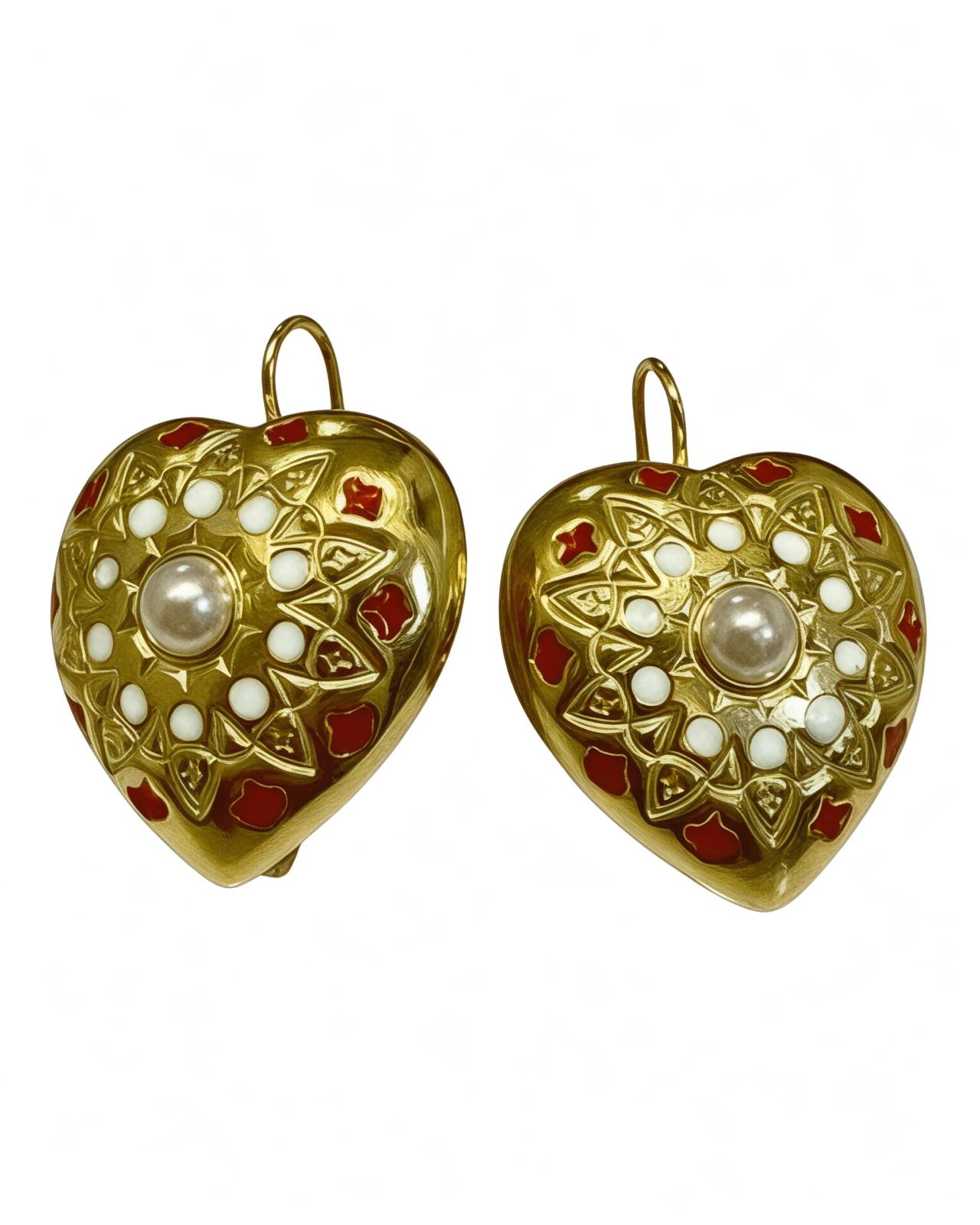 Red Heart Earrings with Pearl in Gold-Plated Silver