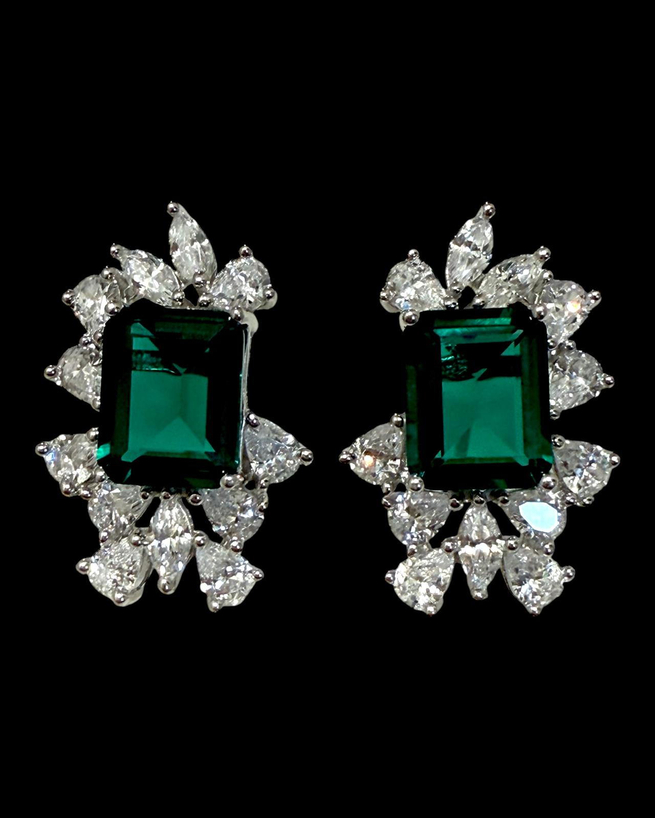 Brincos em Prata com Pedra Verde Retangular