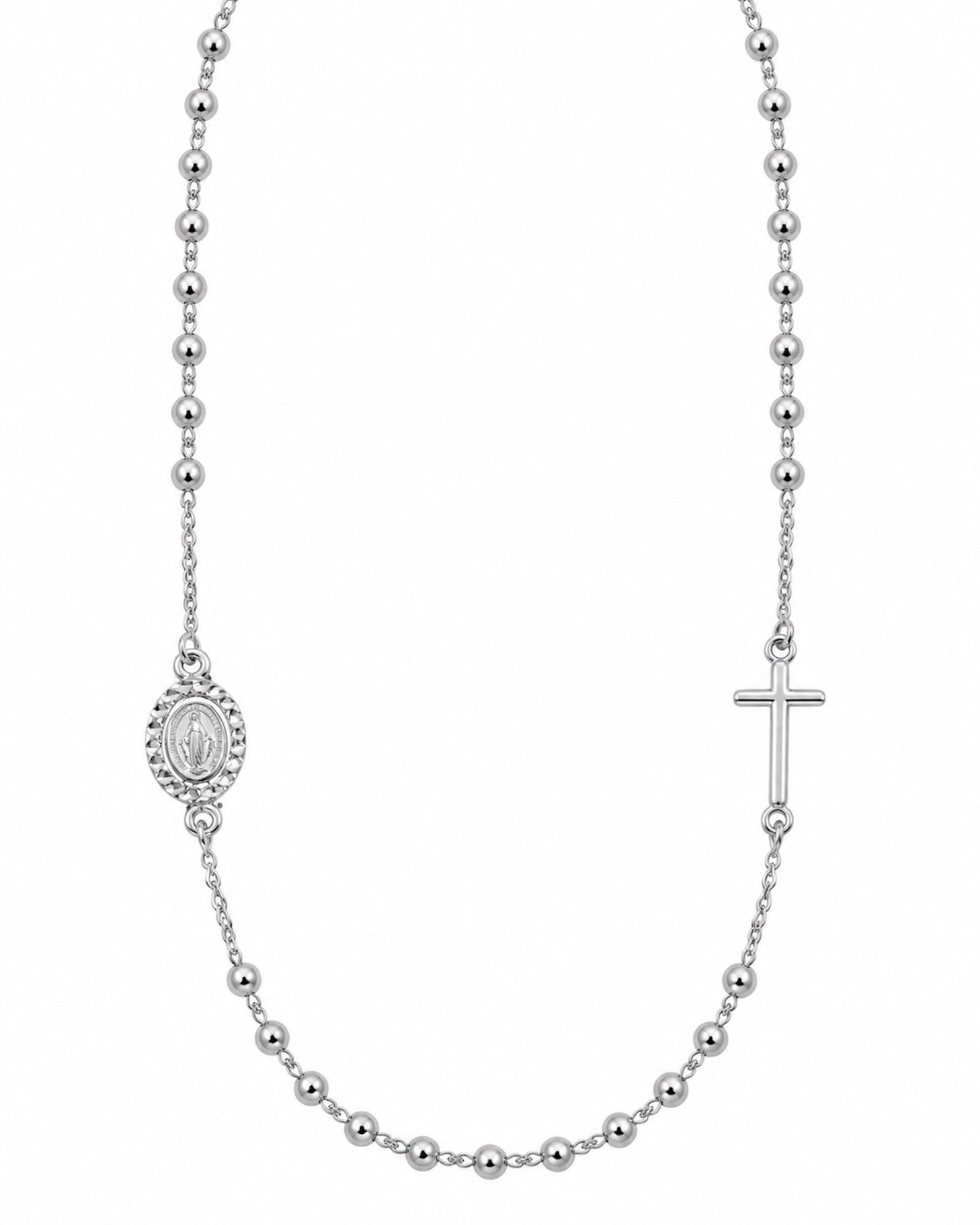 Rosary and Our Lady of Grace Necklace in Silver
