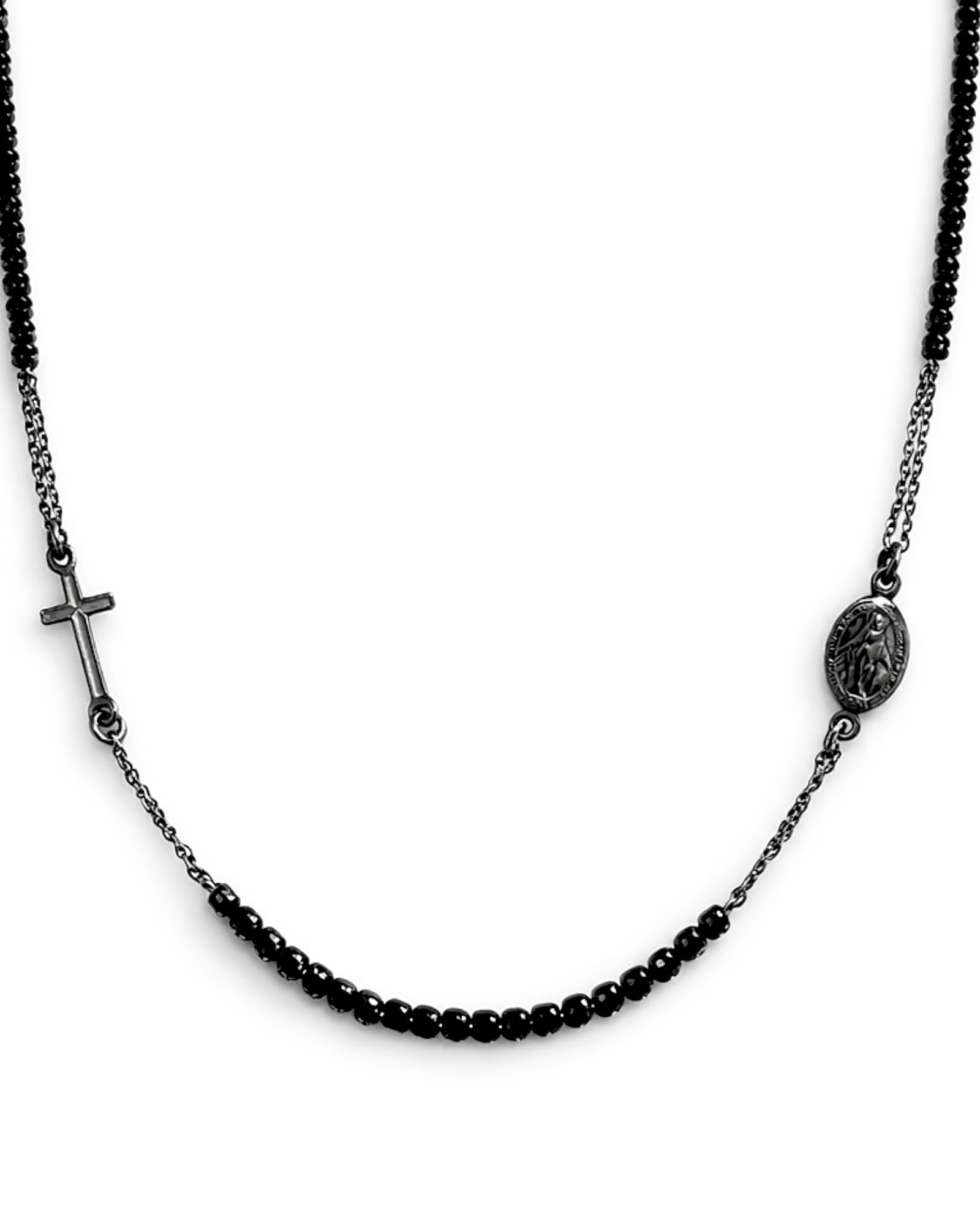 Colar Cruz e Nossa Senhora das Graças em Prata Escurecida