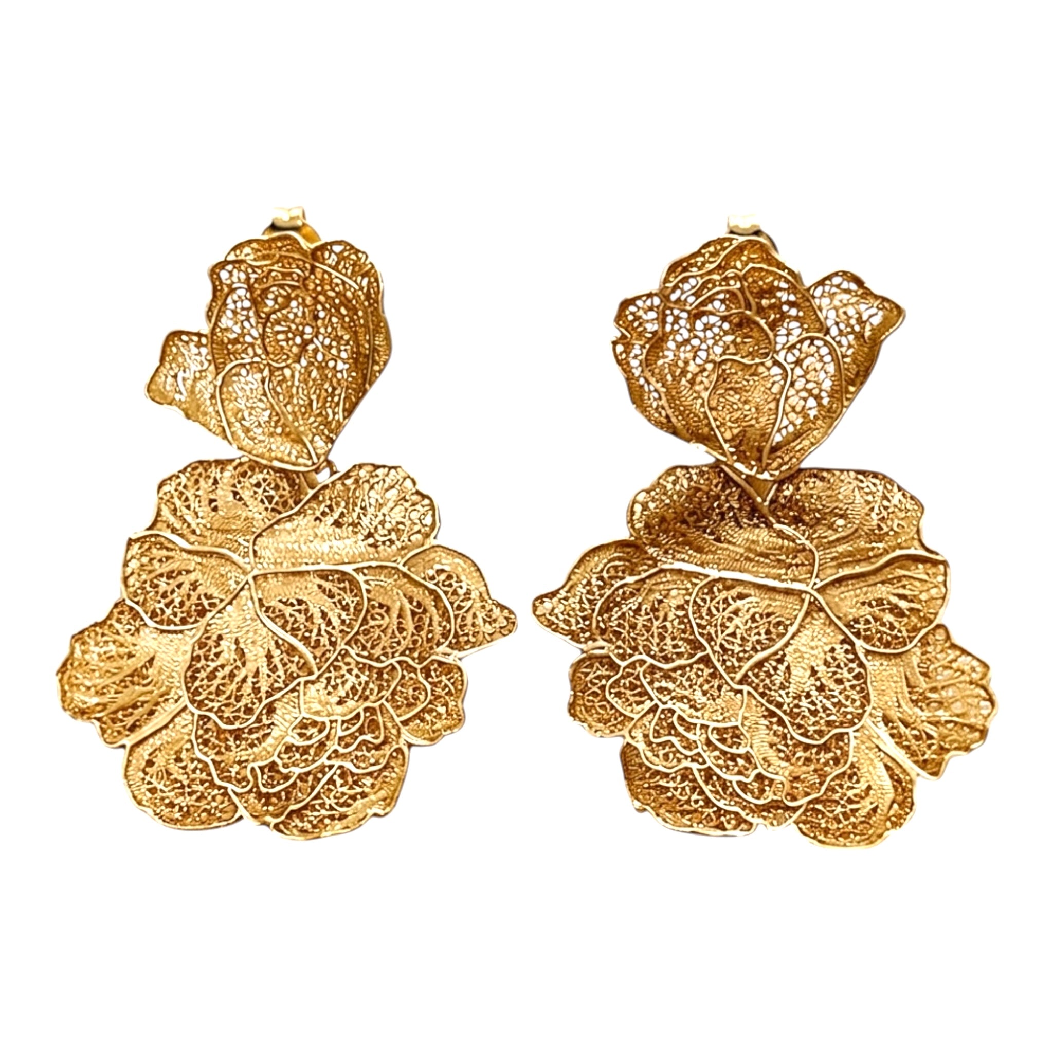 Brincos Flor  de Filigrana em Prata Dourada