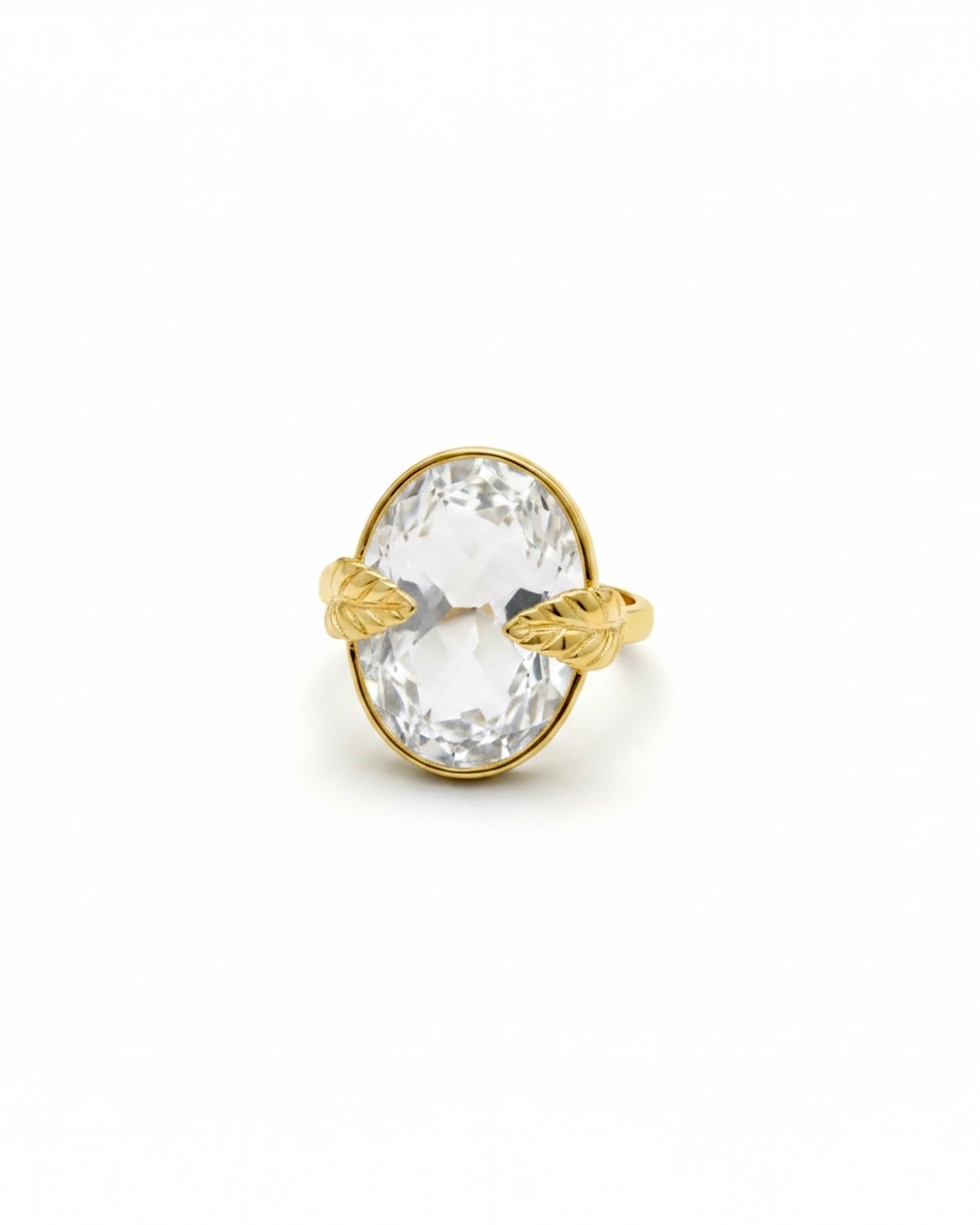 Anel Folhas com Pedra Oval em Prata Dourada