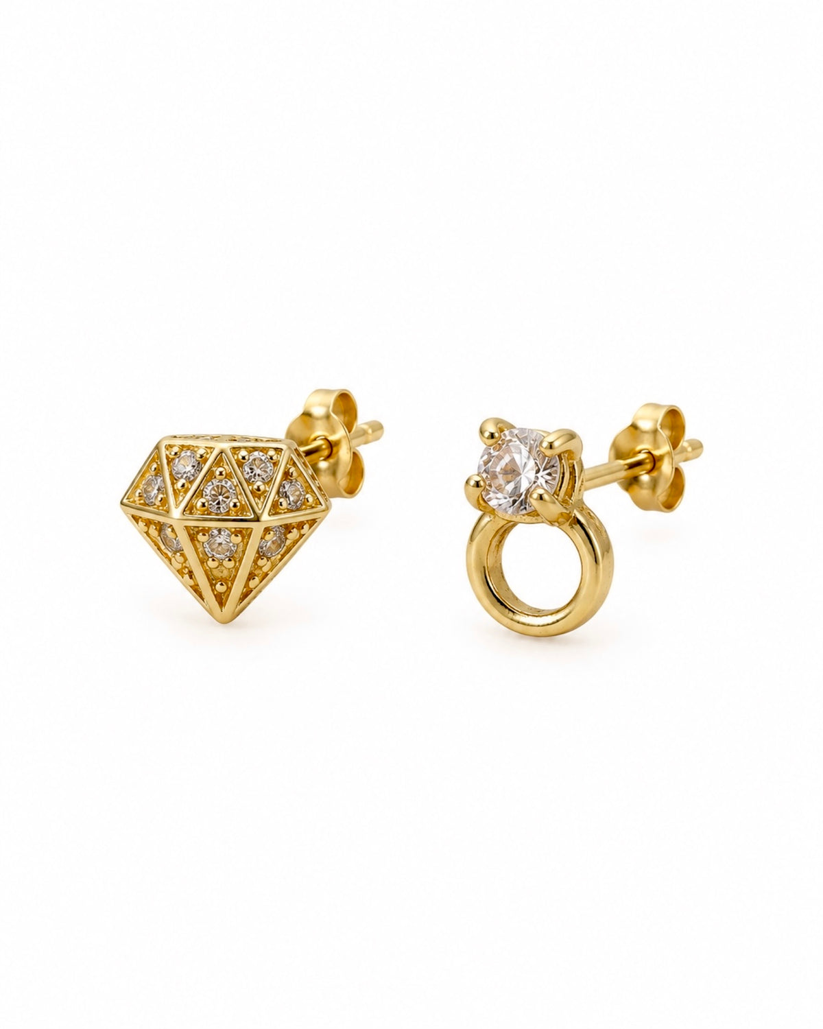 Brincos  Forma de Anel e Diamante em Prata Dourada