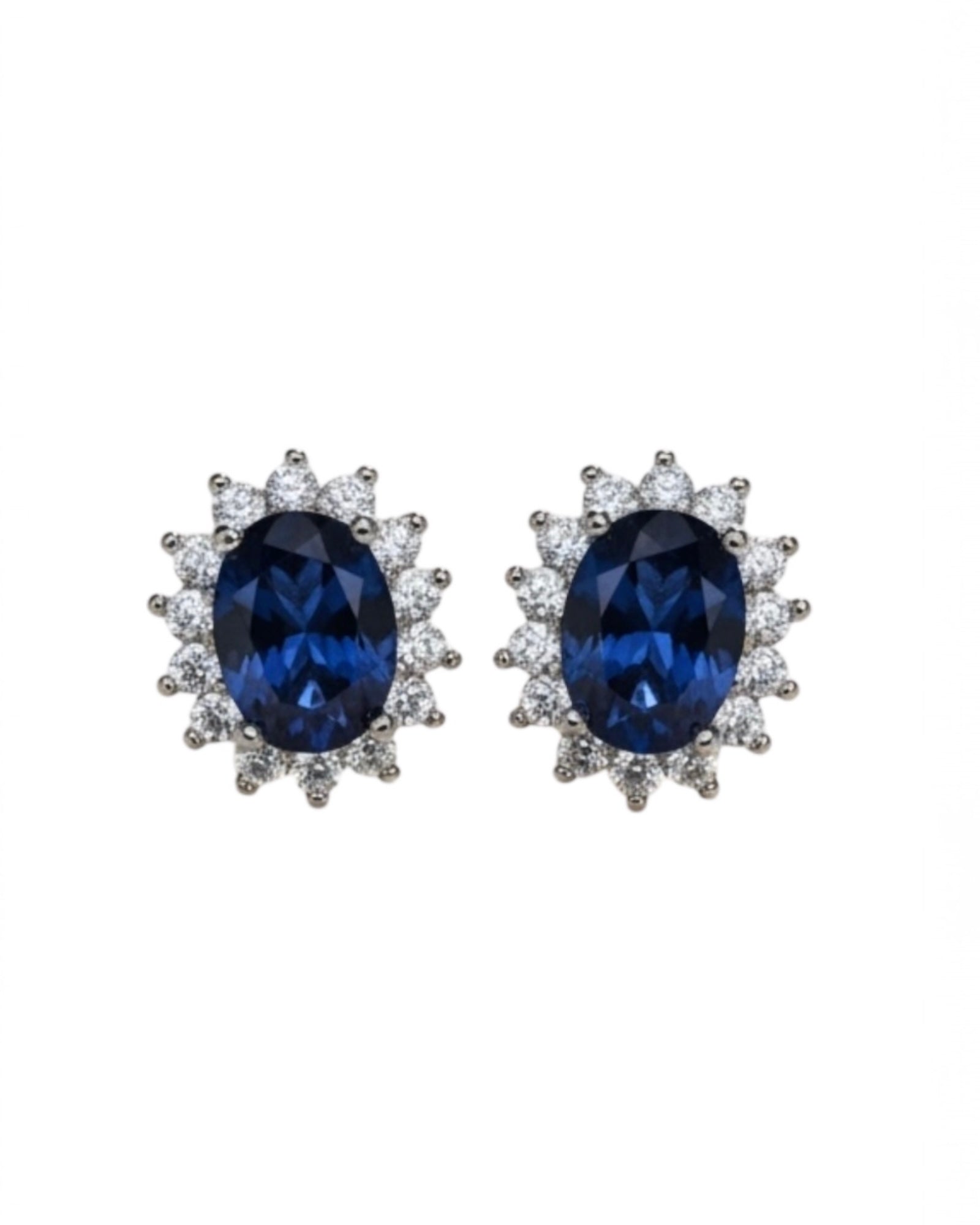 Brincos Lady Di em Prata Branca com Pedra Azul