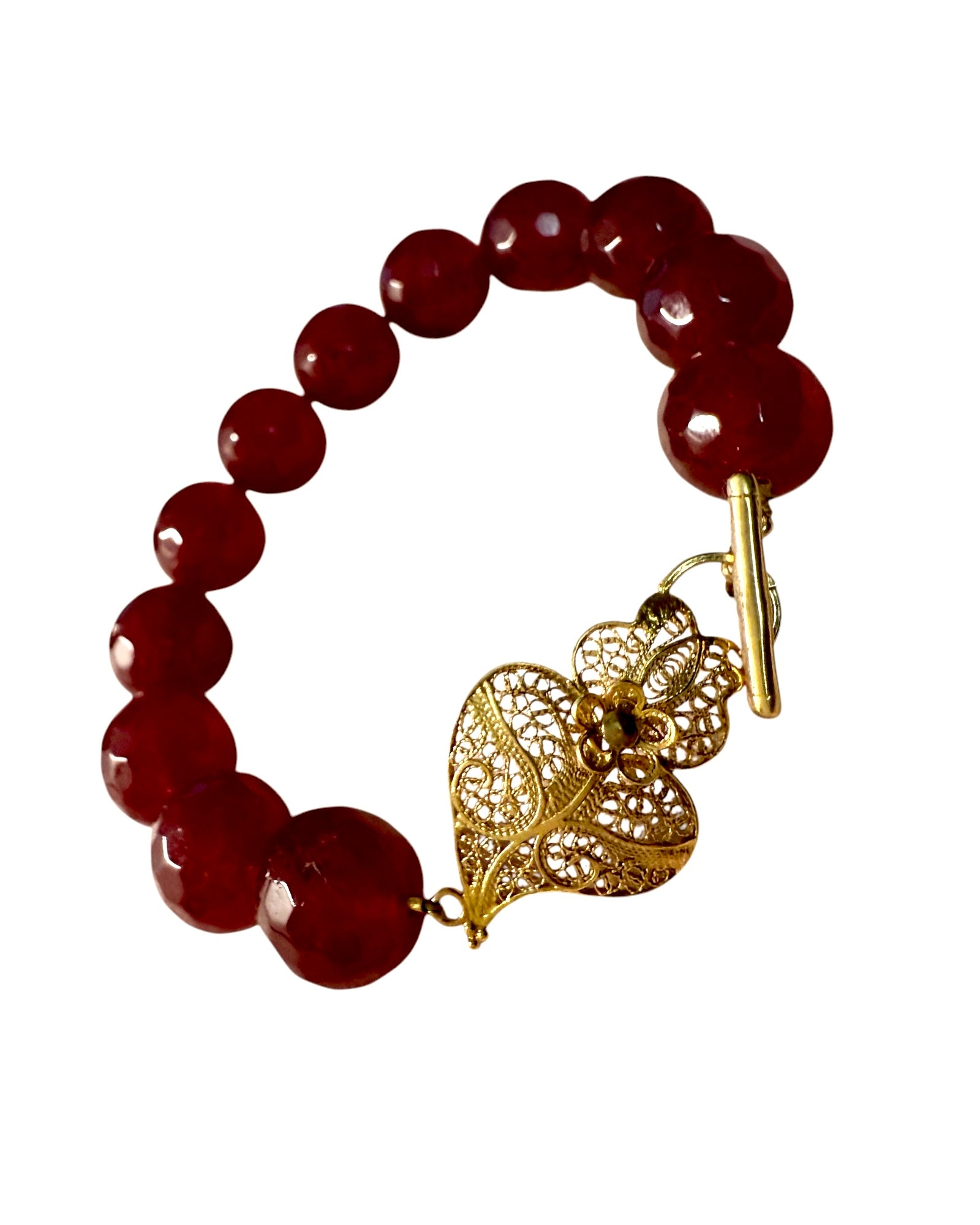 Pulseira Coração de Viana com Pedras Vermelhas em Prata Dourada
