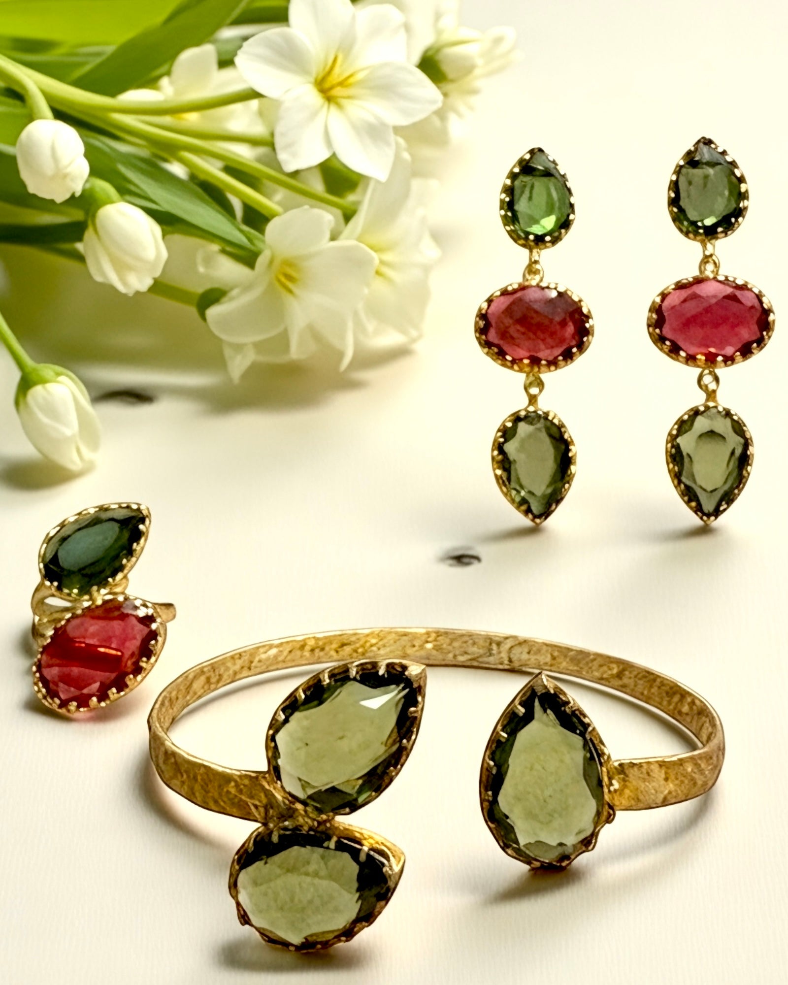 Green and Red Teardrop Earrings in Gold-Plated Silver