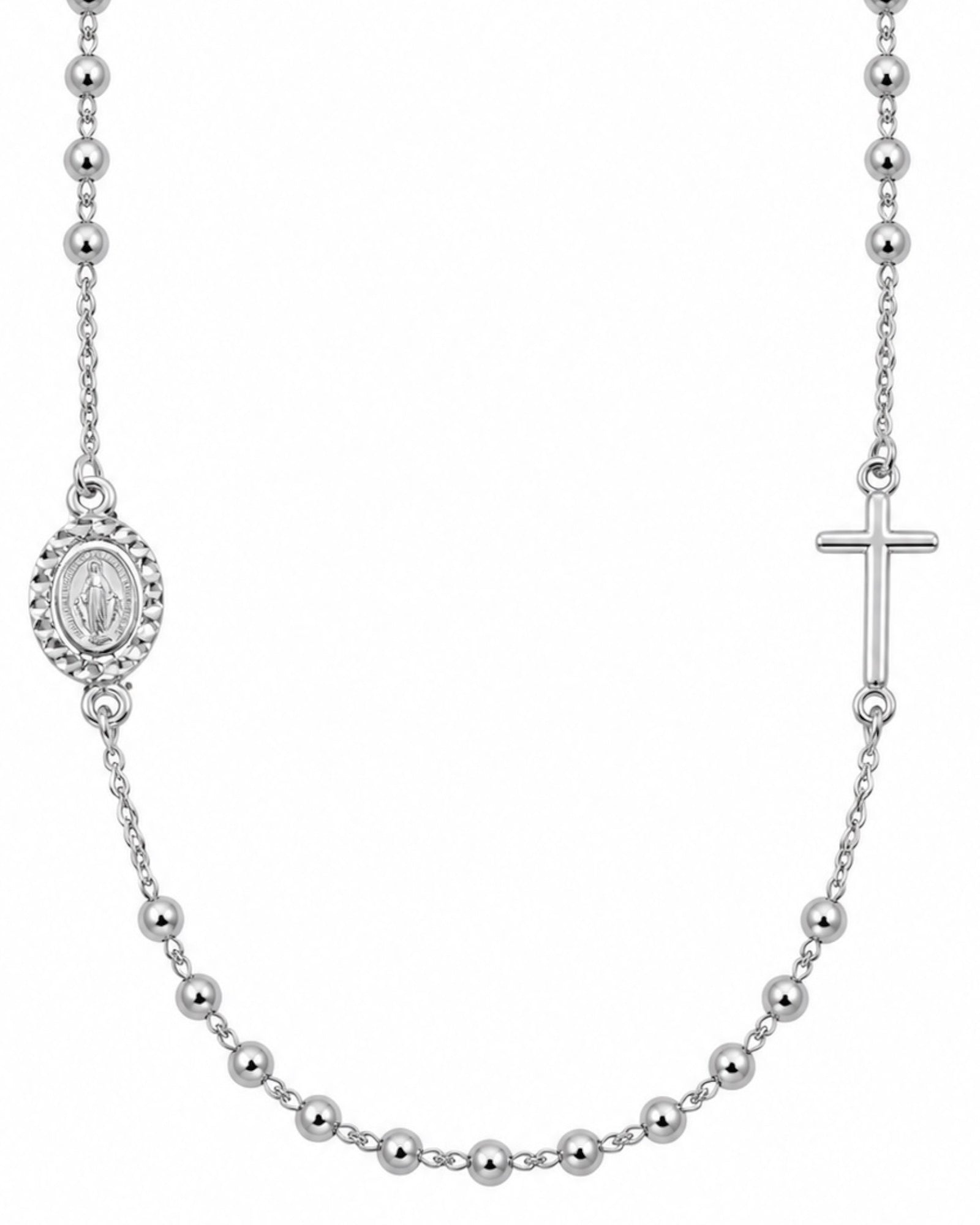 Rosary and Our Lady of Grace Necklace in Silver