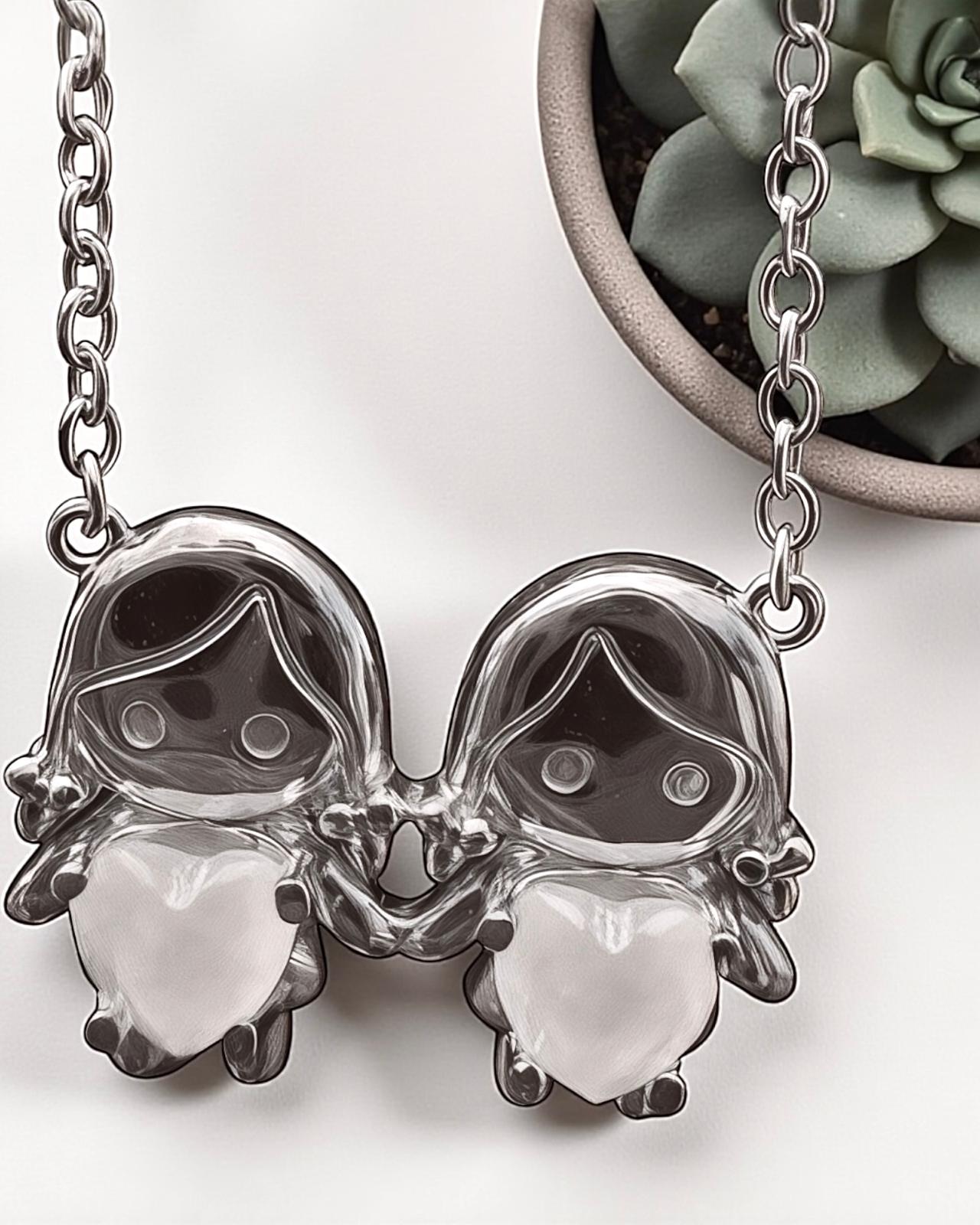 Necklace with Two Girls in Silver with White Hearts