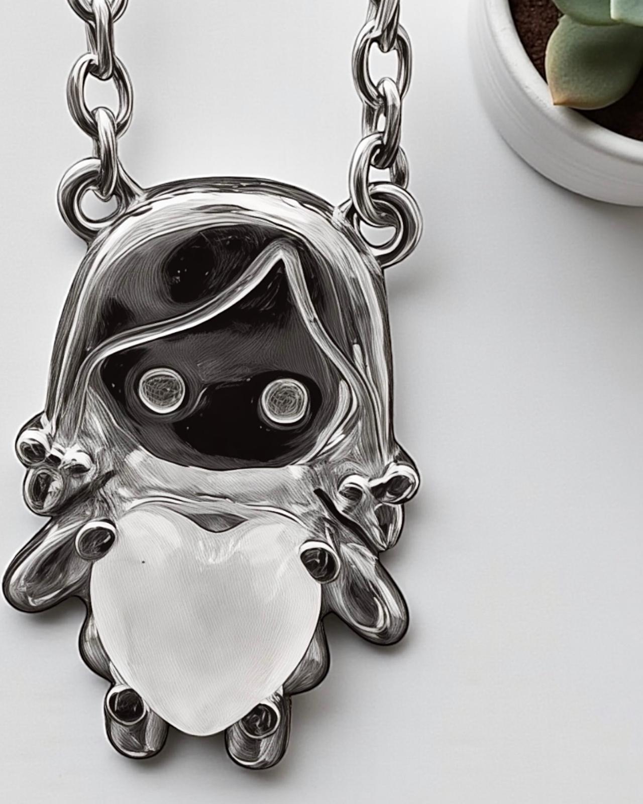 Silver necklace with a girl figure and a white heart.