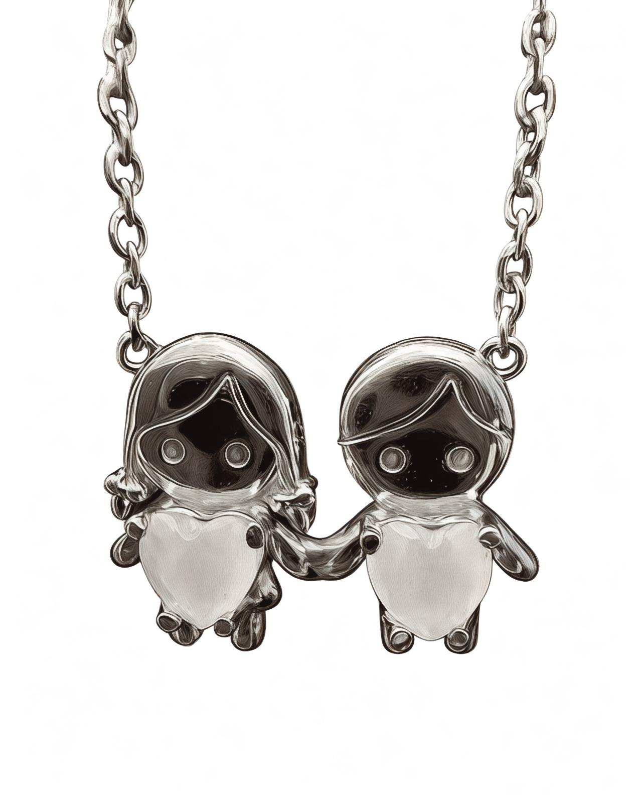 Necklace with Boy and Girl in Silver with White Hearts